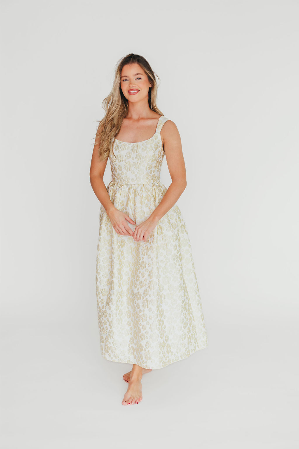 Hayden Floral Jacquard Midi Dress in Butter Yellow - Elegant Spring Summer Cocktail Party Dress for Women, Perfect for Weddings, Garden Parties & Date Nights