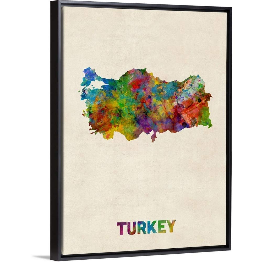 Turkey Watercolor Map Black Float Frame Canvas Art - Handmade Wall Decor for Home, Office & Gifts - Perfect for Living Room, Bedroom & Study Decor