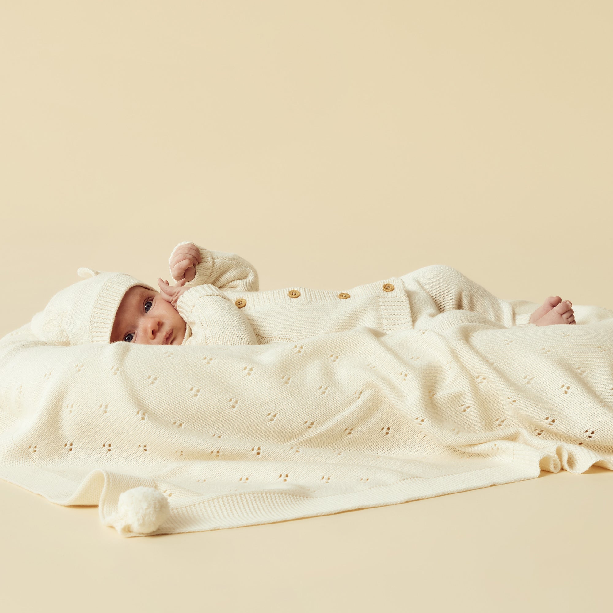 Soft Ecru Knitted Pointelle Blanket - Breathable Lightweight Throw for Bed, Sofa & Nursery - Cozy Home Decor Gift for Women & Baby Shower
