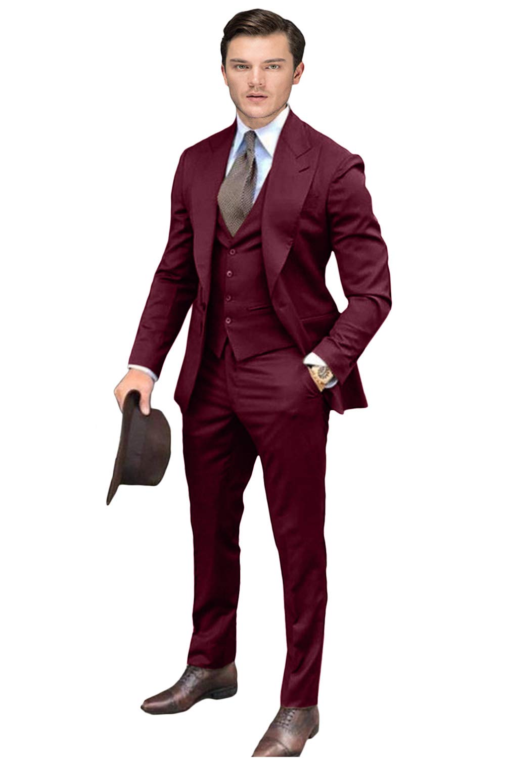 Wemaliyzd Men's 3-Piece Wedding Suit Set - Slim Fit Peak Lapel Tuxedo with V-Neck Vest & Dress Pants for Groom, Bridegroom & Formal Occasions