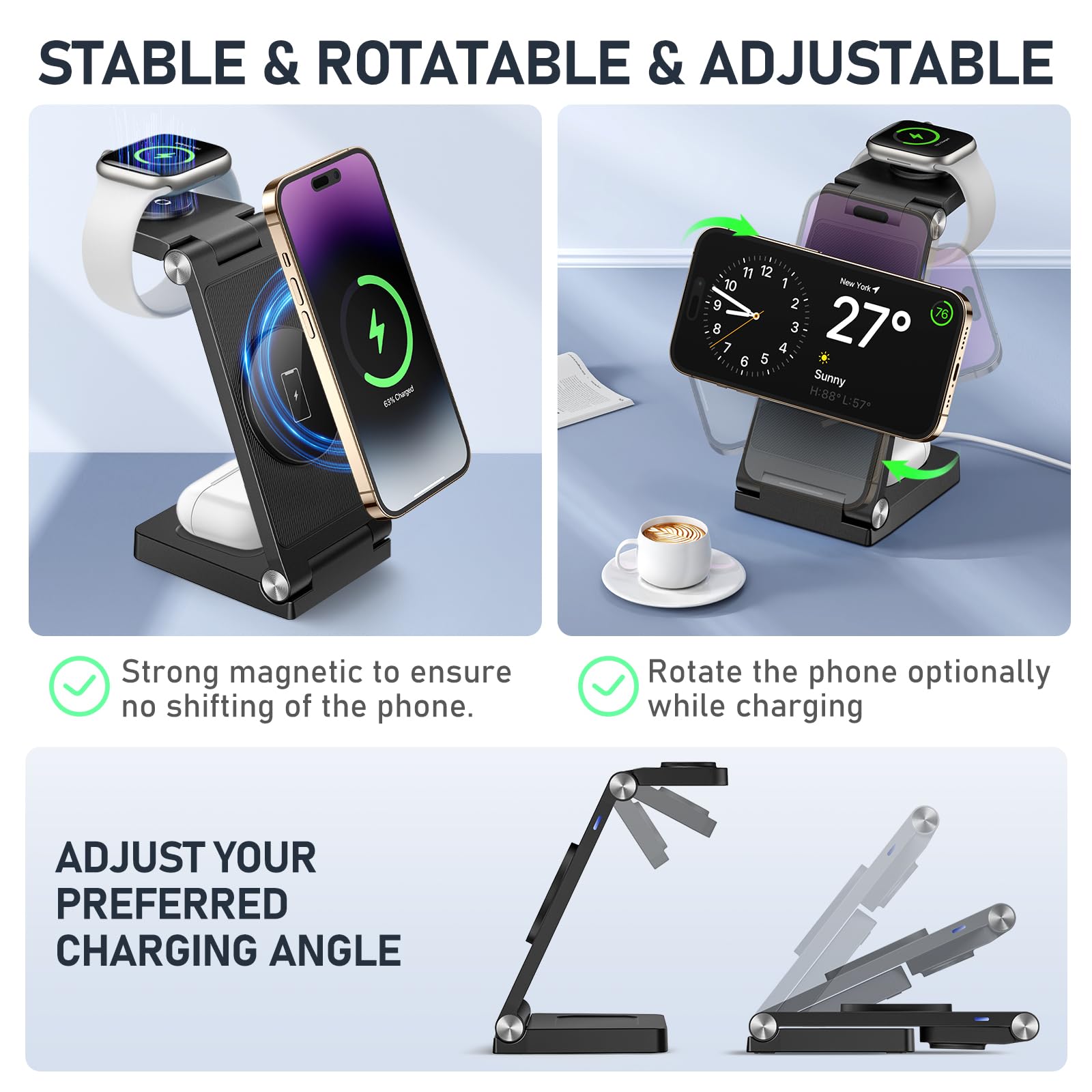 3-in-1 Magnetic Wireless Charging Stand | Foldable Travel Charger for iPhone 16/15/14/13/12 Series, Apple Watch Ultra/9/8/7/6/5/4/3/2 & AirPods | Fast Charging Station for Home, Office & Travel