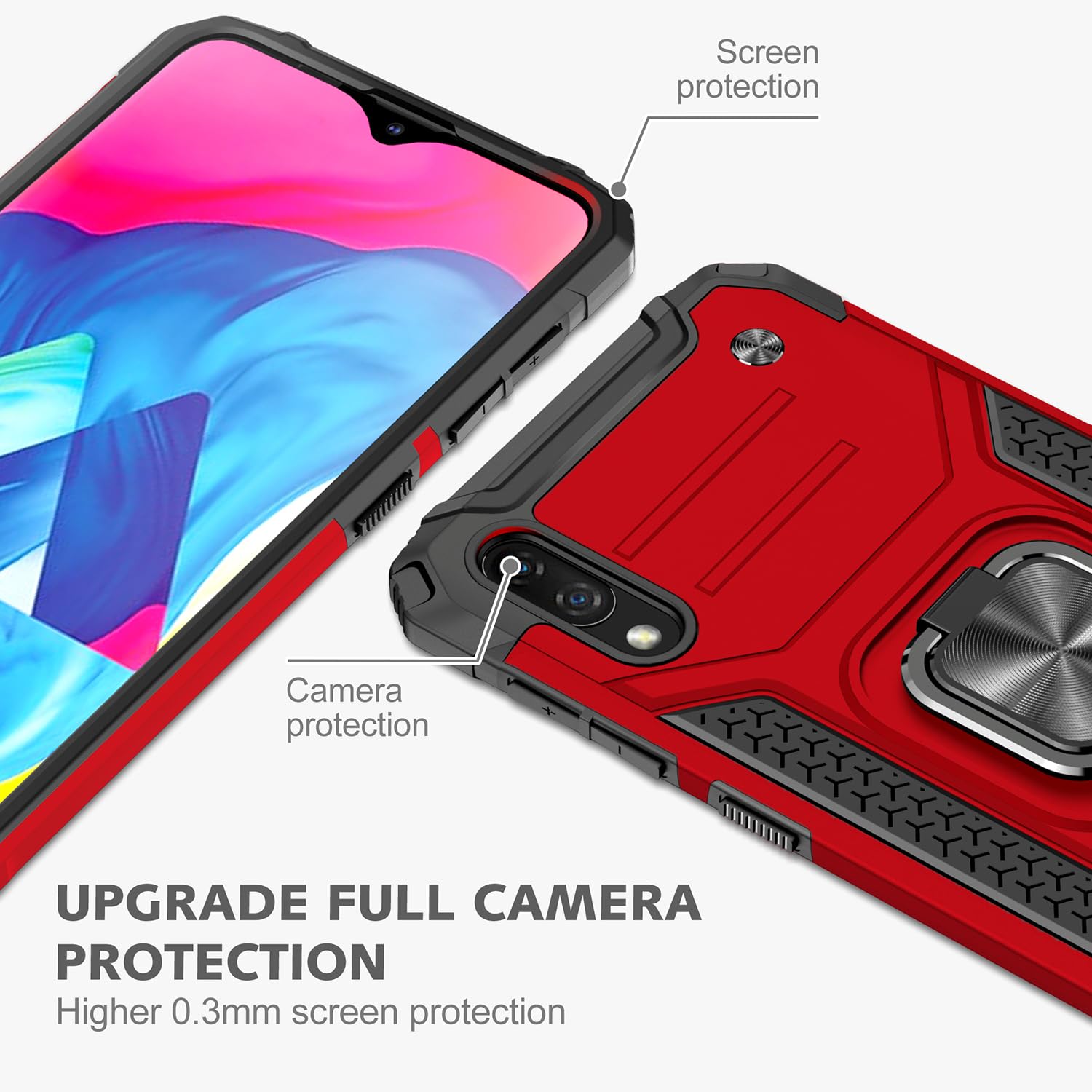 Military Grade Shockproof Case for Samsung Galaxy A10 & M10 with Built-in Kickstand - Heavy Duty Protective Cover with Holster Armor (Red) - Perfect for Outdoor Activities, Work & Travel