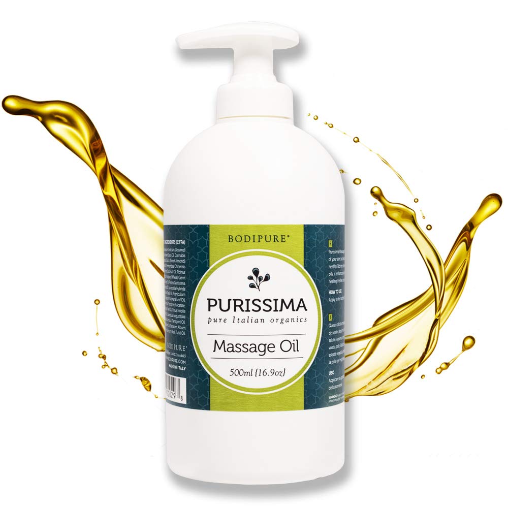 BODIPURE Organic Purissima Massage Oil for Body - Professional Massage Therapy, Cold-Pressed Vegetable & Essential Oils - Relaxing Muscles & Joints - Made in Italy, 16.9 fl oz - Perfect for Spa, Aromatherapy & Home Relaxation