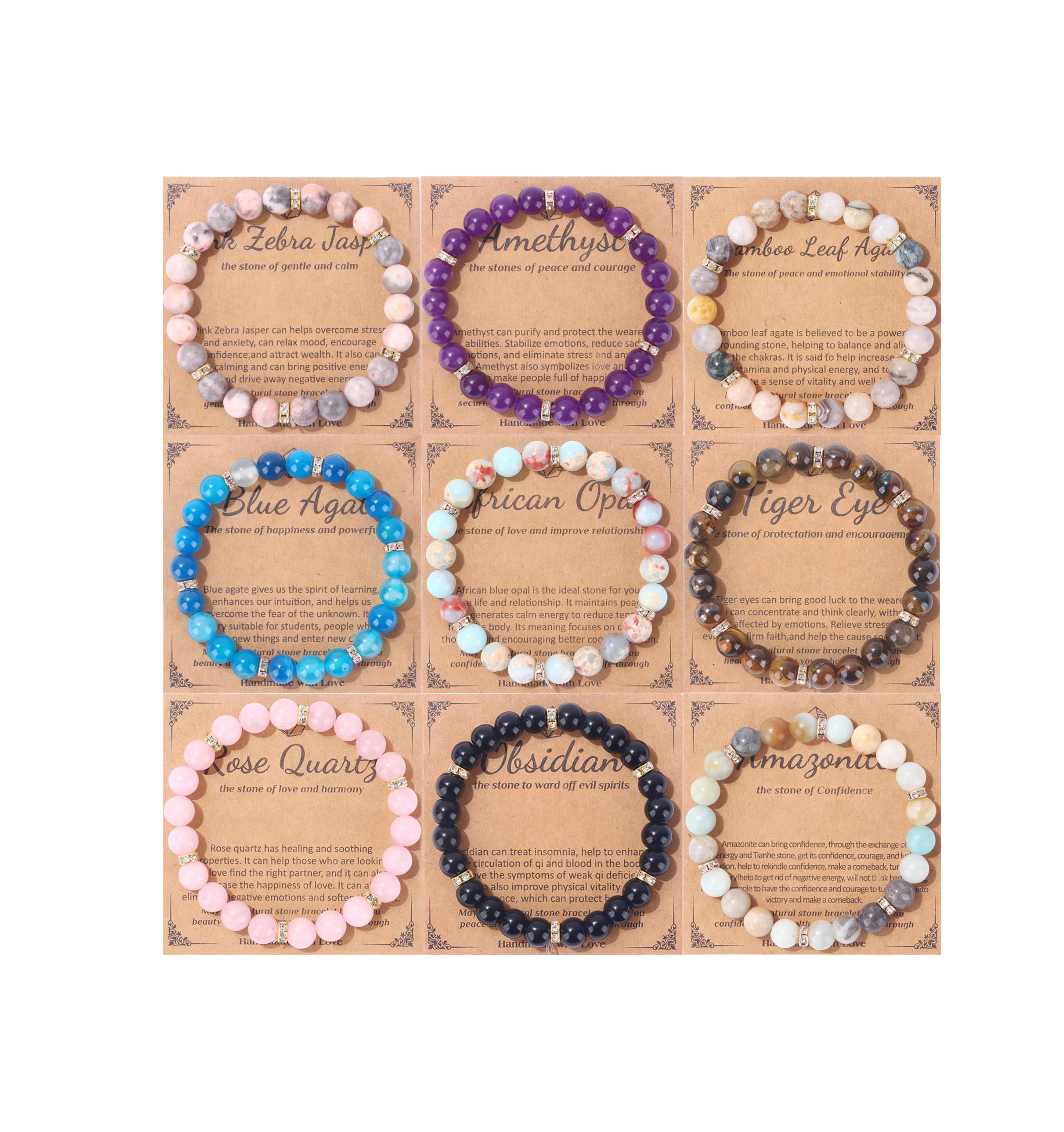 MOZAKA 9PCS Natural Crystal Bracelets for Women & Men - 8mm Healing Gemstone Beaded Bracelets Set, Stretch Round Beads Unisex Jewelry Gift for Meditation, Yoga & Positive Energy