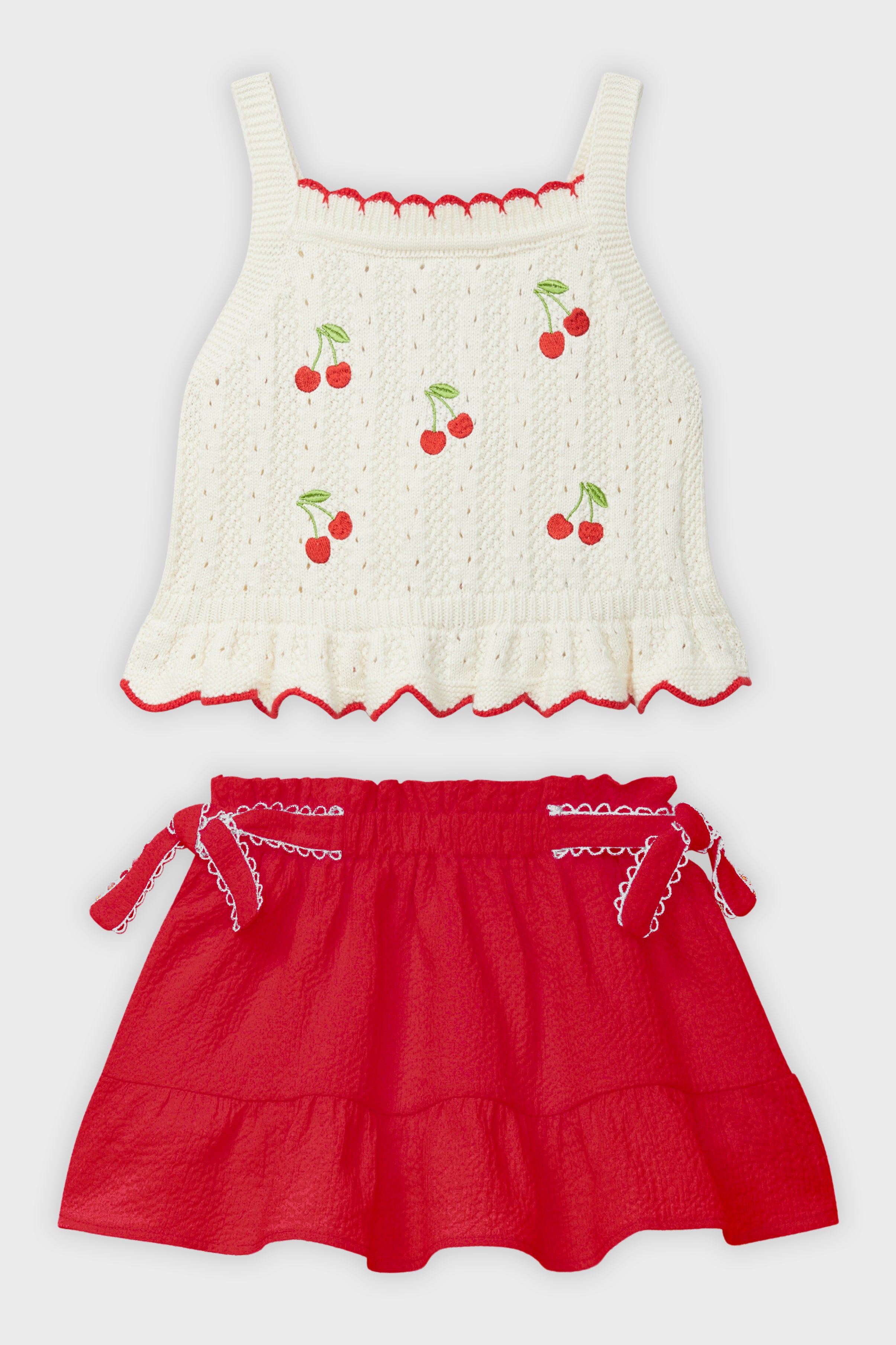 Stylish Cream & Red Knit Cherry Print Top and Skirt Set - Perfect for Casual Outings, Date Nights, and Spring Fashion