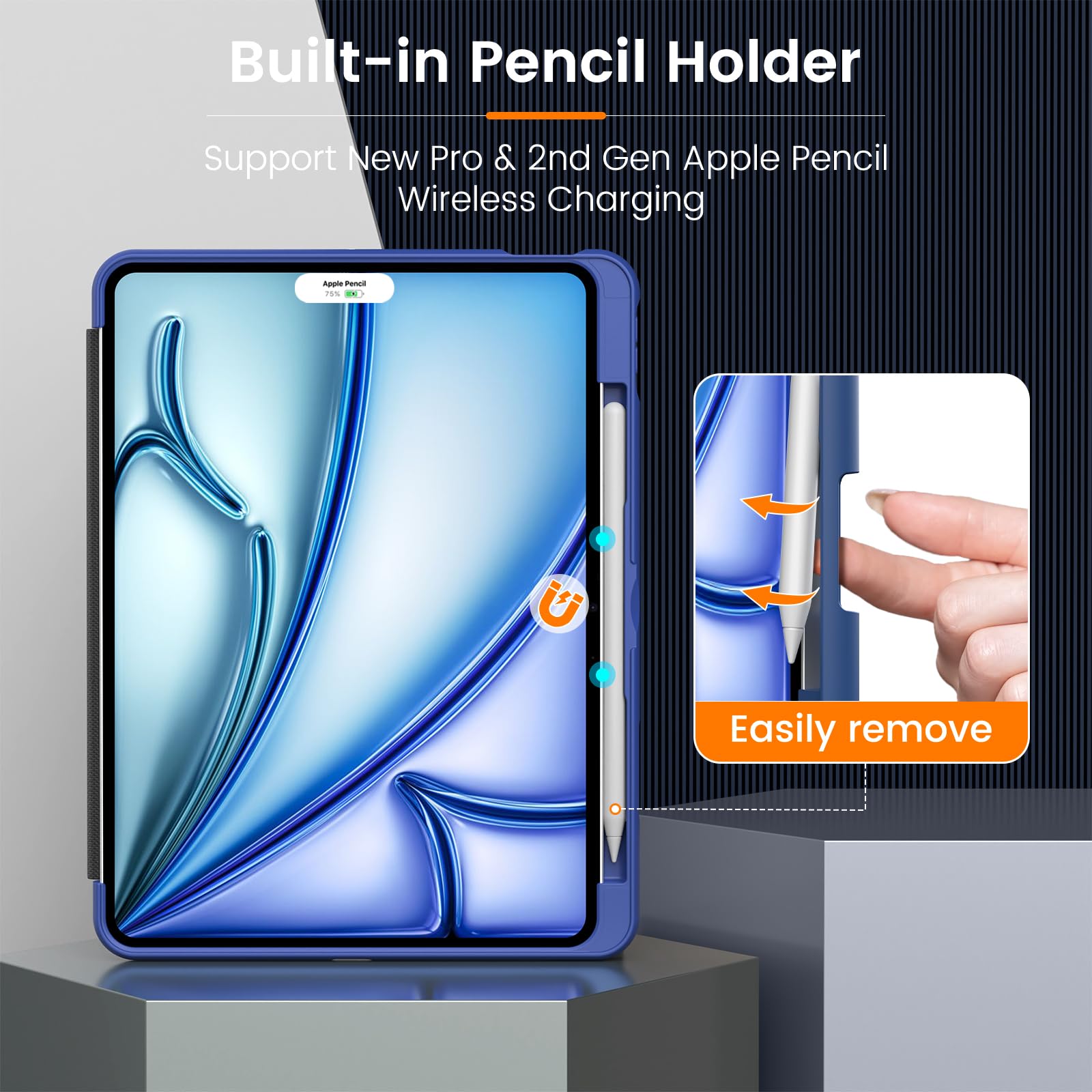 MoKo iPad Air 11 Case (M3 2025/M2 2024) & iPad Air 10.9 Case (4th/5th Gen 2020/2022) - Heavy Duty Shockproof Protective Cover with Pencil Holder & 10 Magnetic Viewing Angles - Navy Blue - Perfect for Work, Travel & Outdoor Use