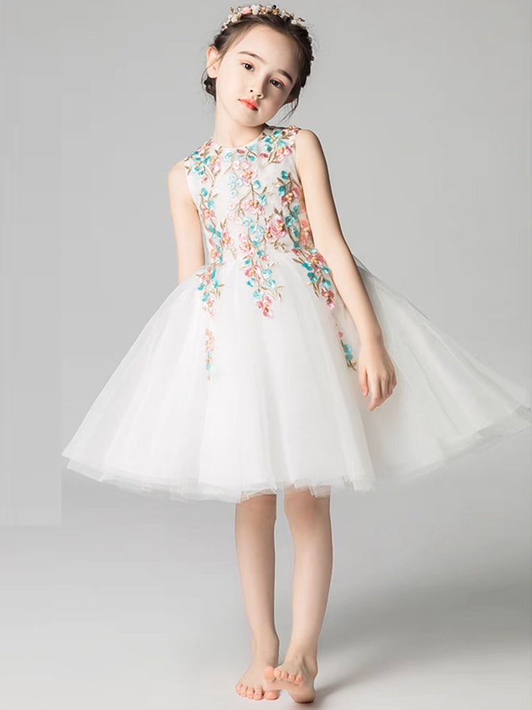 Elegant White A-Line Tulle Lace Applique Flower Girl Dress for Weddings, Baptisms & Special Occasions