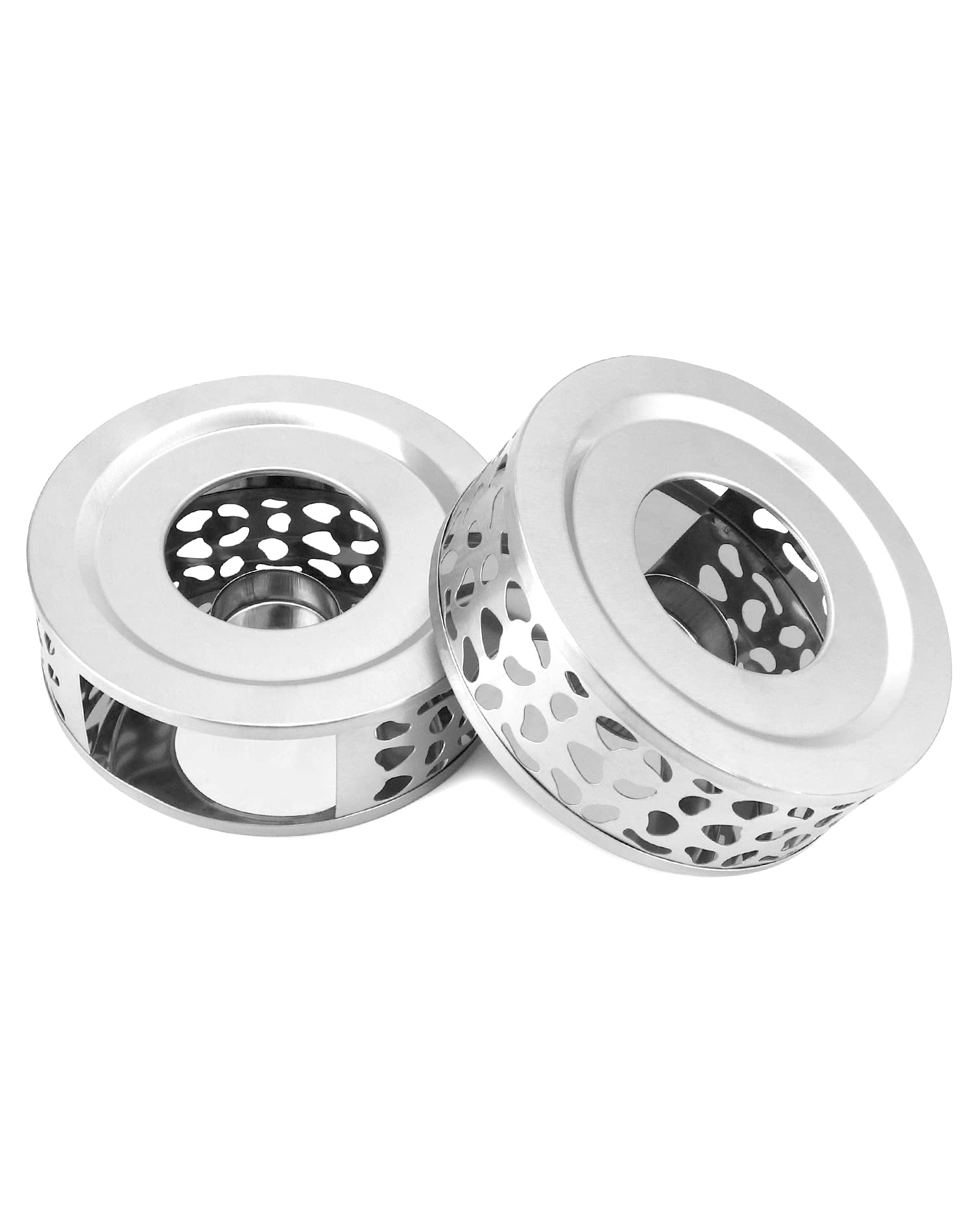QWORK 2-Pack Brushed Stainless Steel Tea Kettle Warmer with Hollow Frame & Tea Candle Holder - Universal Fit for Most Teapots (Silver) - Perfect for Home, Office, and Tea Party Use