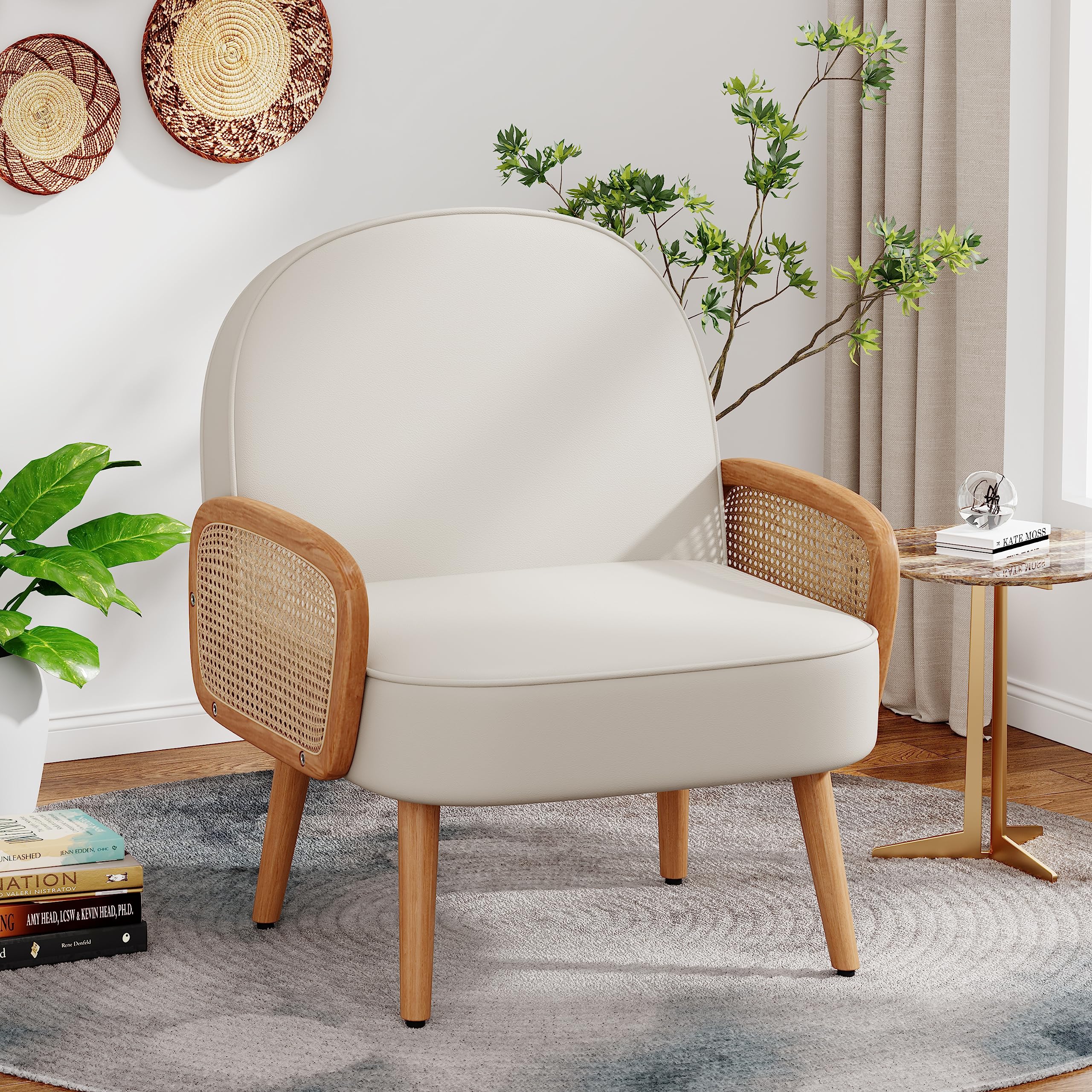 Mid Century Modern Accent Chair with Rattan Arms - Boho Upholstered Armchair in Faux Leather Beige for Living Room, Bedroom & Balcony | Perfect Reading Chair & Side Club Chair for Home Decor