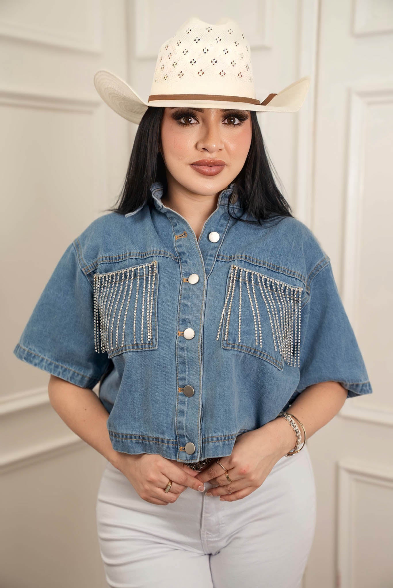 Stylish Rhinestone Fringe Pocket Denim Top for Women | Trendy Embellished Western Shirt | Perfect for Concerts, Parties & Boho Fashion Outfits
