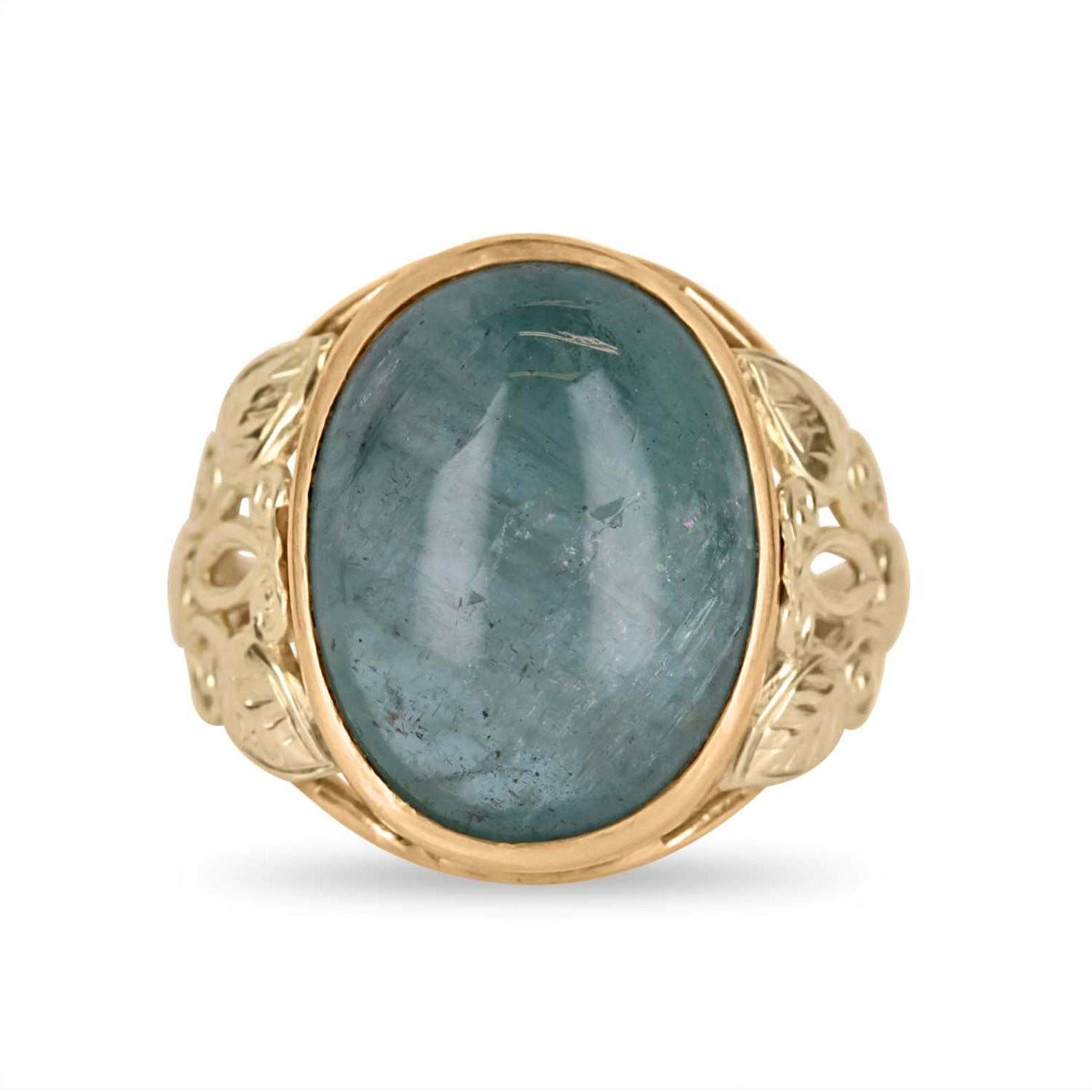 14K Gold Natural Floral Antique Ring with 12.56ct Barrel Cabochon Gemstone - Vintage Jewelry for Women, Perfect for Weddings, Anniversaries & Special Occasions