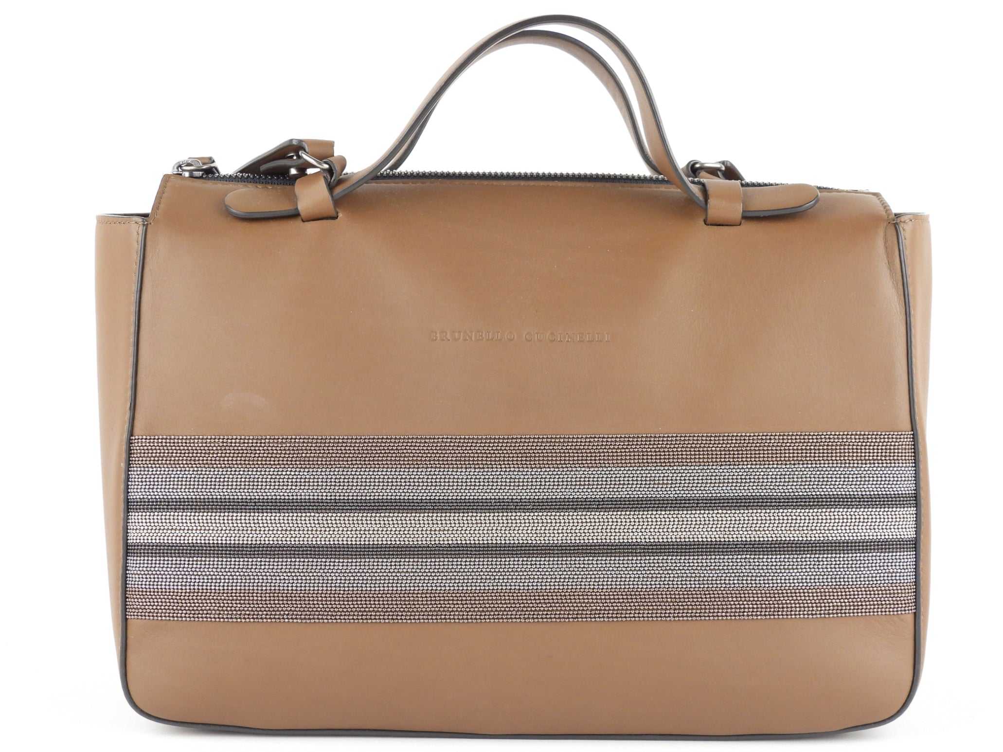 Brunello Cucinelli Brown Leather Monili Bead Two-Way Tote Bag for Women - Luxury Designer Handbag for Work, Travel & Everyday Use