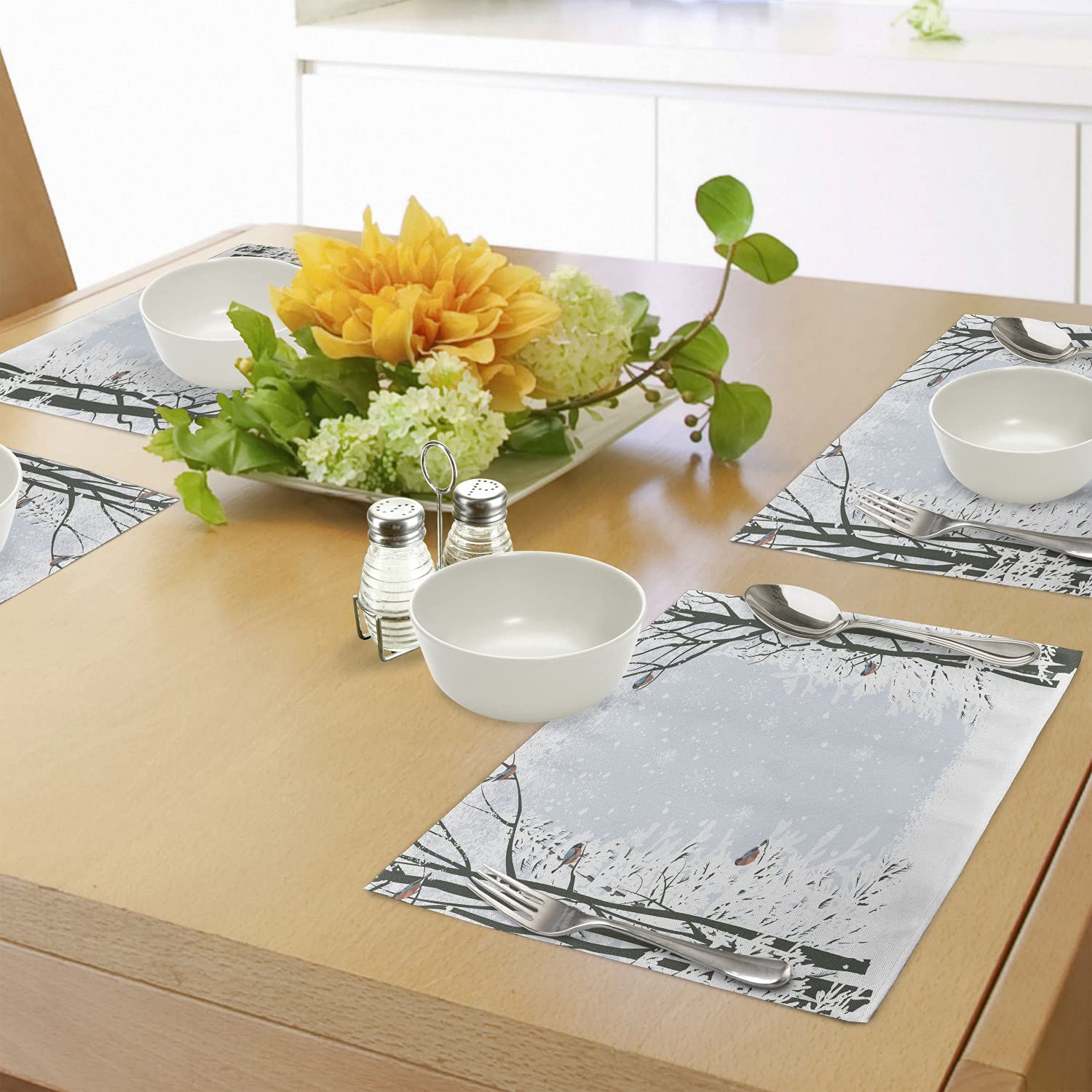 Ambesonne Winter Place Mats Set of 4 - Snowy Trees & Bullfinch Birds Design, Washable Fabric Table Mats for Dining Room & Kitchen Decor in Black, Pale Grey & White | Perfect for Holiday Dinners & Cozy Winter Gatherings