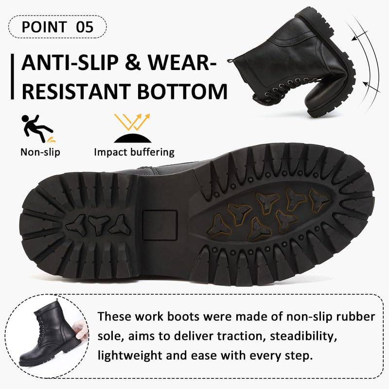 Waterproof Women's Ankle Boots - Lace Up & Side Zipper Work Boots for Women | Leather Combat Booties with Platform | Perfect for Walking, Hiking & Outdoor Activities