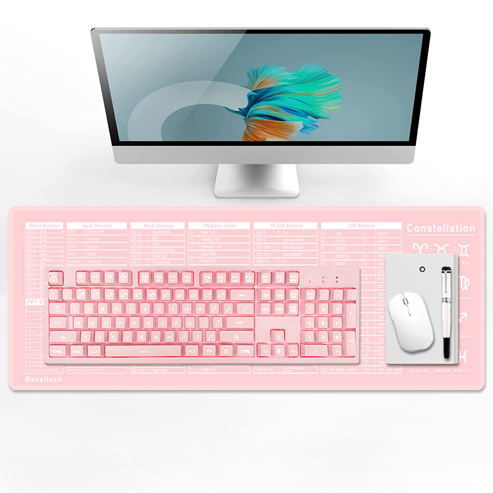 Basaltech Pink Keyboard and Large Mouse Pad Combo - 104 Key Wired Membrane Keyboard with Extended Gaming Mouse Mat | Perfect for Gaming, Office Work & Home Computer Setup