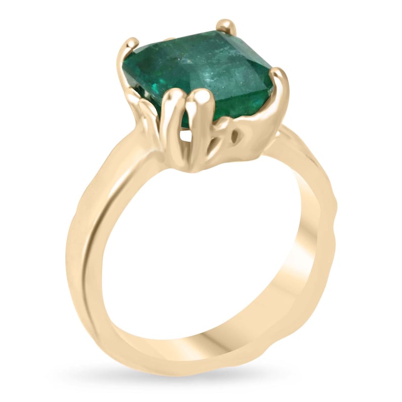 4.48ct 14K Gold Dark Green Asscher Cut Emerald Solitaire Ring - Organic Nugget Design for Engagement, Wedding & Special Occasions