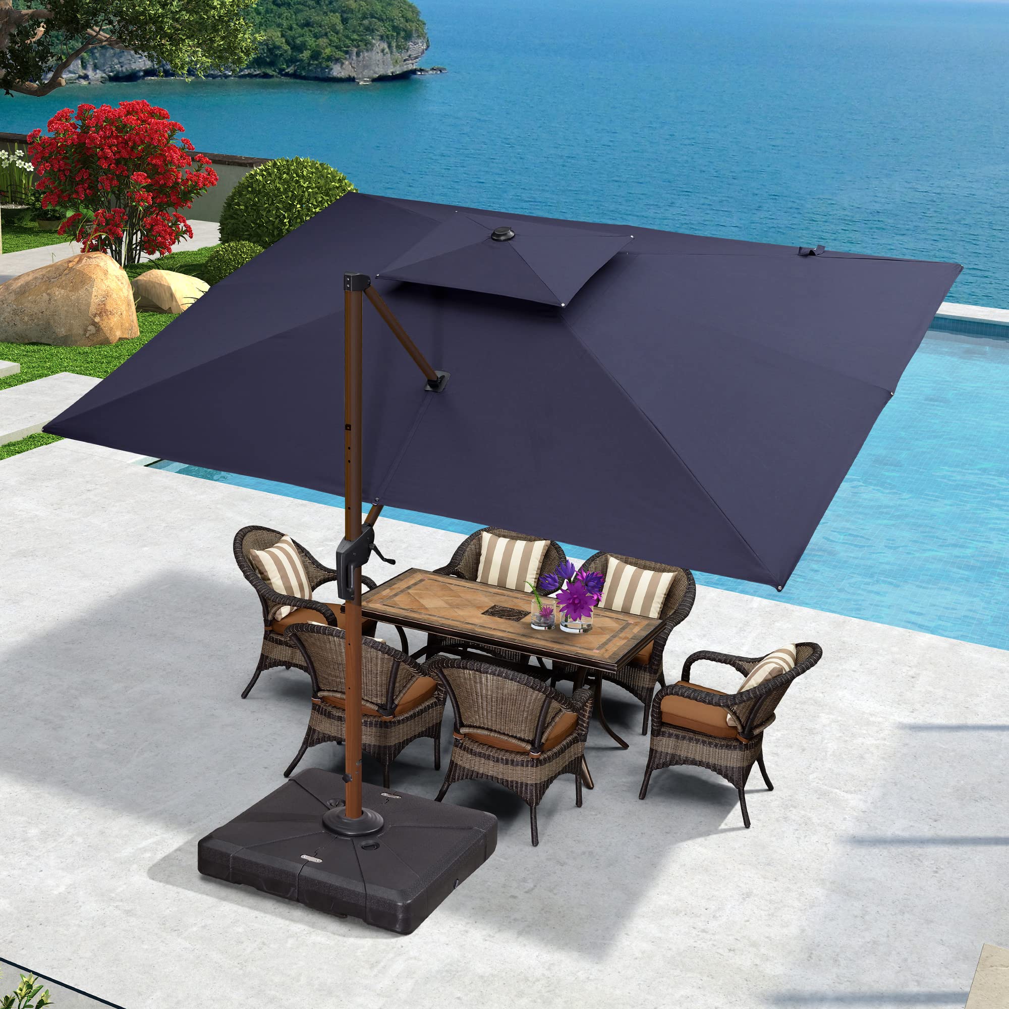**PURPLE LEAF 9' X 12' Double Top Deluxe Wood Pattern Rectangle Patio Umbrella – Navy Blue Outdoor Offset Hanging Umbrella for Garden, Market, Poolside & Backyard Relaxation**