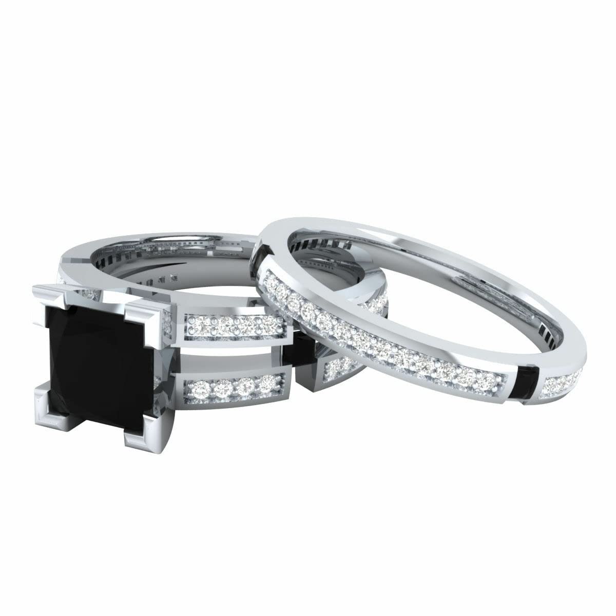 Reyansh Princess & Round Cut Black Diamond 925 Sterling Silver 14K White Gold Overlay Engagement Ring Set for Women - Perfect for Bridal, Wedding, Anniversary & Proposal Gifts