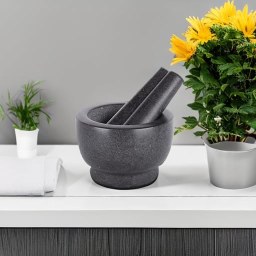 5-Inch Heavy Duty Unpolished Granite Mortar and Pestle Set - 1.5 Cup Capacity Spice Grinder for Crushing, Grinding & Mashing Spices, Seeds, Nuts - Perfect for Guacamole, Garlic Sauce & Herbs - Ideal for Kitchen, Cooking & Food Preparation