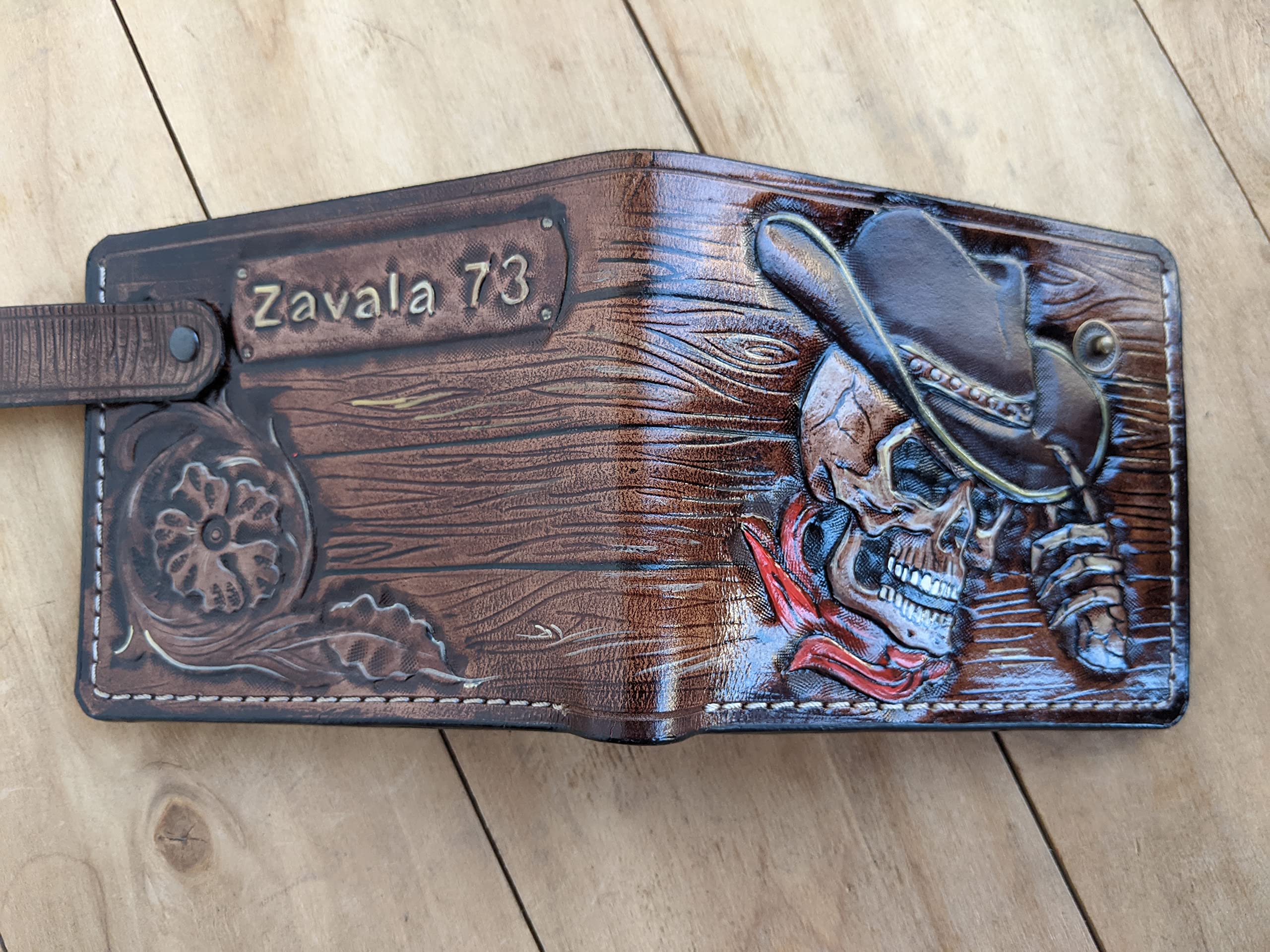 Sheridan Style Western Leather Wallet for Men - Handmade Genuine Leather Bifold Wallet with Floral Embossed Design, Cowboy Skull & Revolver Airbrush Art - RFID Blocking Biker Wallet - Perfect for Western Enthusiasts, Bikers & Gothic Fashion Lovers