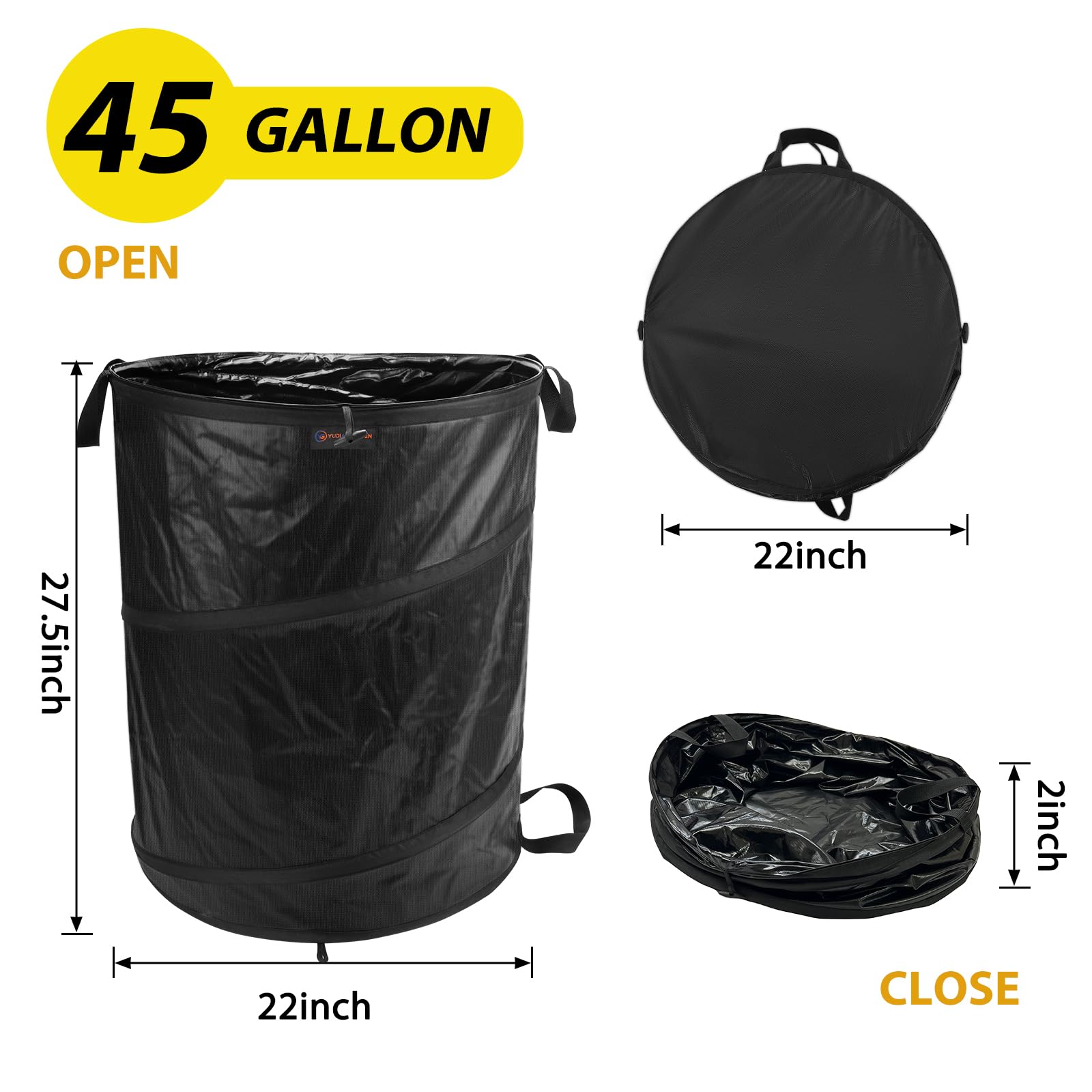 **YUDI & GARDEN 45 Gallon Collapsible Garden Bag - Foldable Trash Can for Camping, Yard Waste, Leaves & Lawn - Reusable Pop-Up Garbage Bin for Patio, Outdoor & Travel Use**    *(Use Cases: Perfect for camping trips, backyard cleanup, leaf collection, patio waste disposal, and outdoor adventures.)*