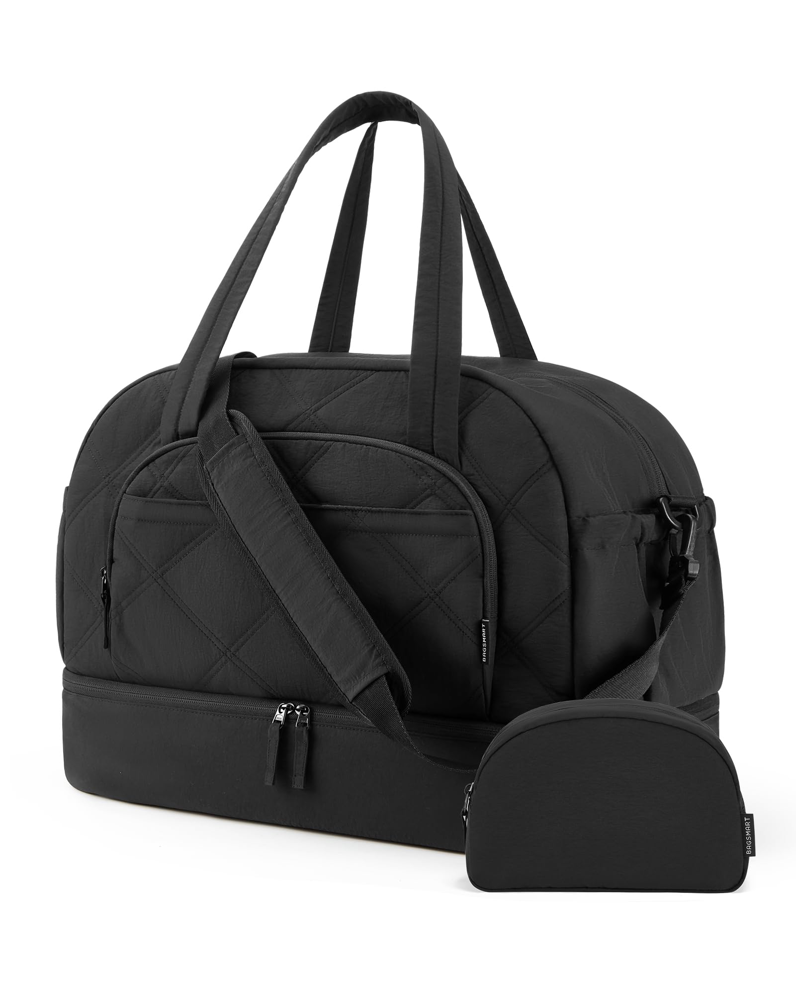 BAGSMART Women's Gym Bag with Shoe Compartment - Puffy Travel Duffel Carry On Weekender Overnight Tote & Toiletry Bag - Perfect for Airline Travel, Sports, Workouts & Weekend Getaways - Black