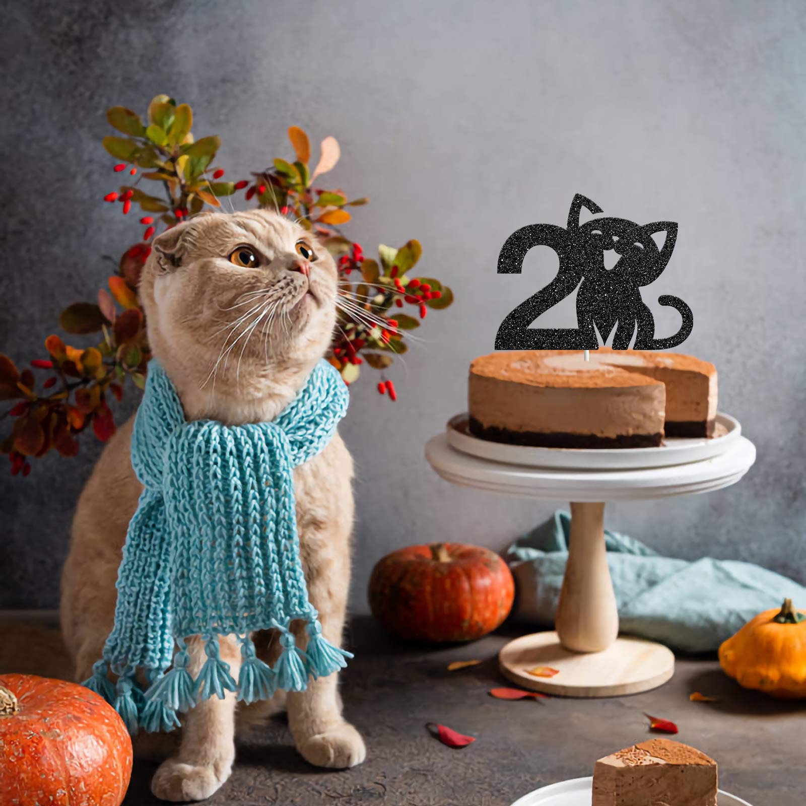 Happy 2nd Birthday Cat Cake Topper - Black Glitter 'I'm Two' Sign for Kitty Themed Parties | Pet Celebration Decor for Cakes, Cupcakes & Desserts