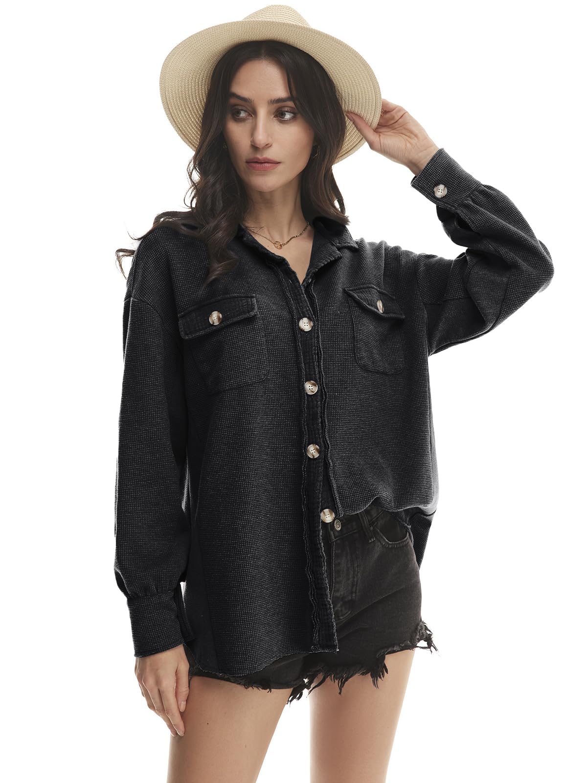 Yanekop Women's Waffle Knit Button Down Shirt Jacket - Oversized Long Sleeve Shacket for Trendy Fall Outfits 2025 | Casual Wear, Layering Piece & Street Style Fashion