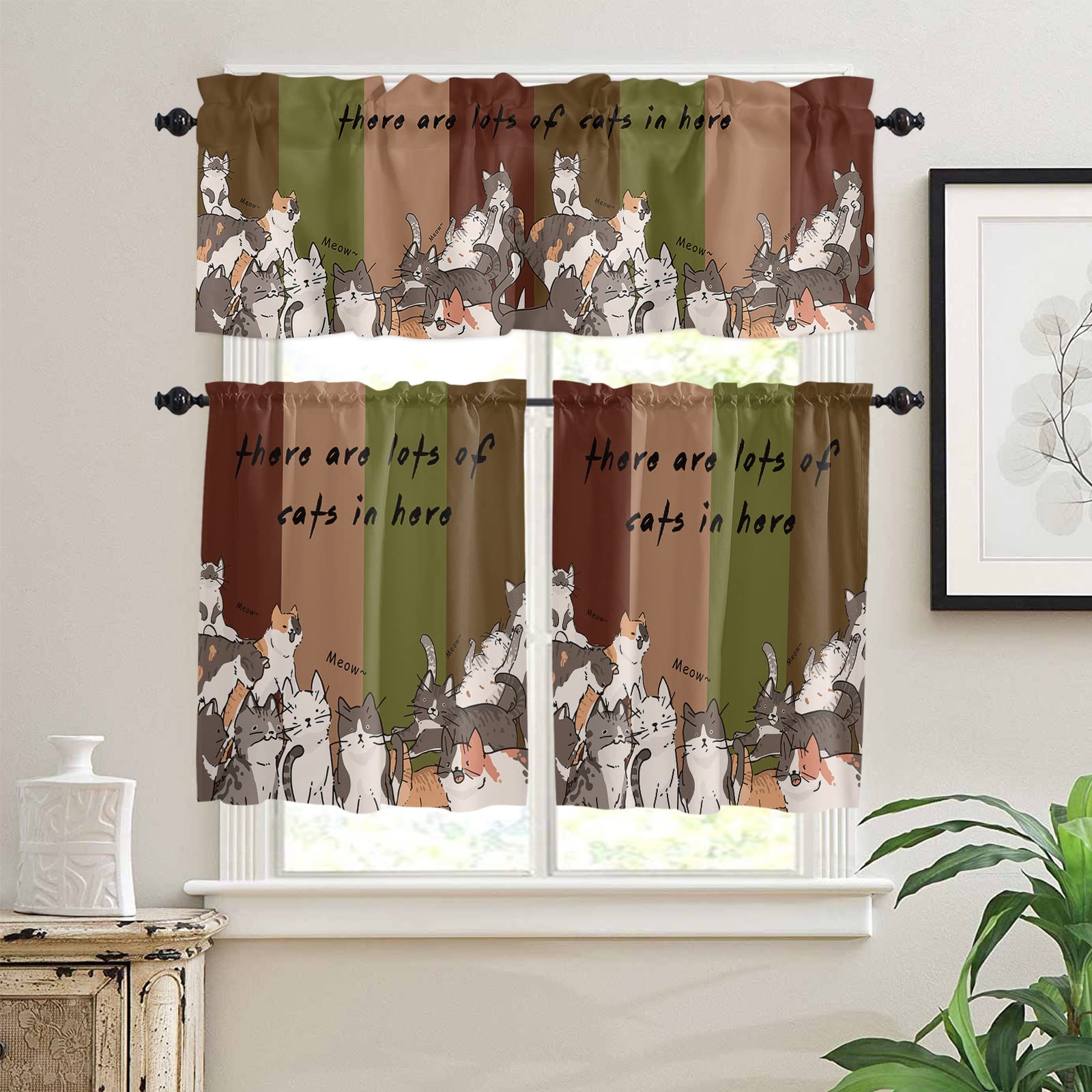 Farmhouse Kitchen Curtains Set - Cute Cat & Animal Print Tier Curtains with Valance, Brown Teal Beige Striped Rod Pocket Design, 24 Inch Length for Windows - Perfect for Cafe, Bedroom, and Cozy Home Decor
