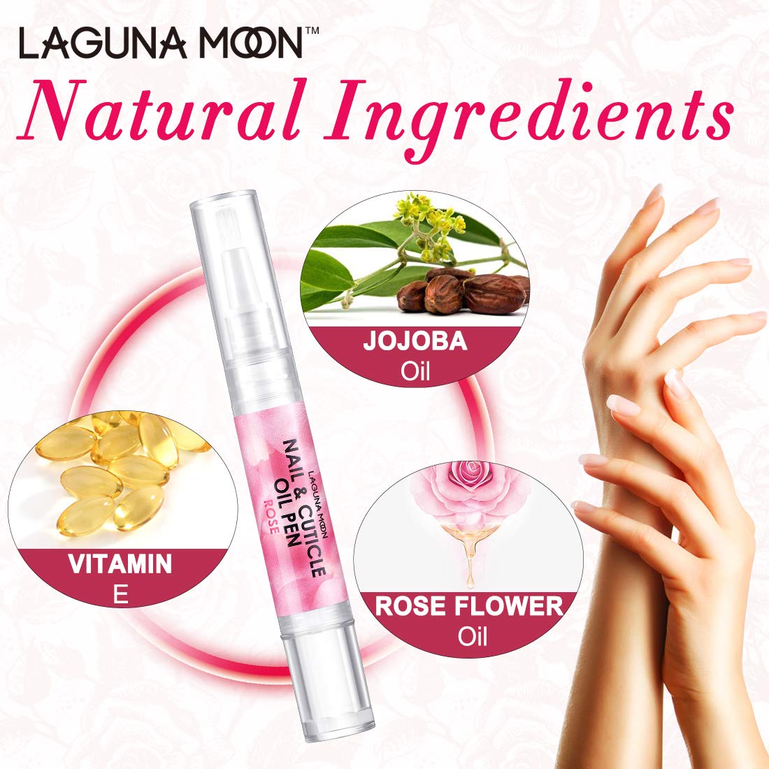 Lagunamoon Moisturizing Nail & Cuticle Oil Pen with Jojoba Seed Oil - Rose Scented Hand & Nail Treatment (5ml) - Perfect for Dry Cuticles, Nail Care & At-Home Manicures
