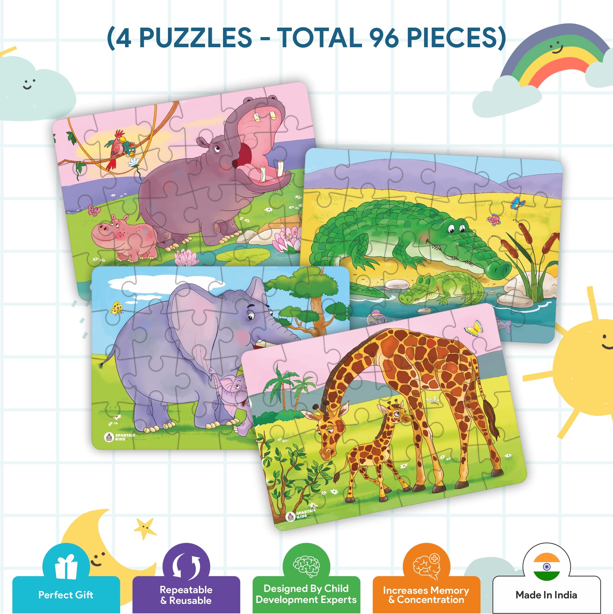 SPARTAN KIDS® Animal & Baby Animal Jigsaw Puzzles for Toddlers Ages 3-5 - 4 Puzzle Sets (24x17 cm) - Educational Learning Toys for Preschoolers | Perfect for Birthday Gifts, Classroom Activities & Family Game Night