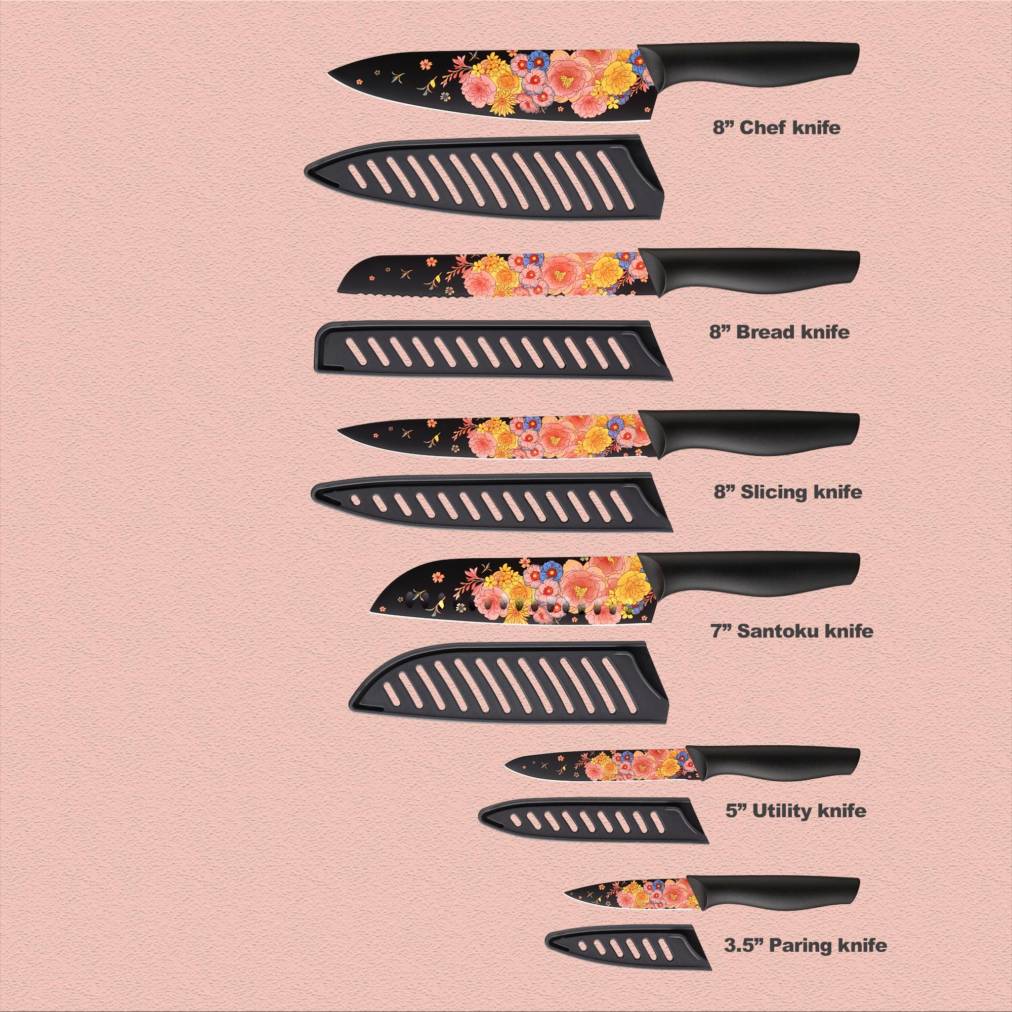 Marco Almond Knife Set - 6-Piece Stainless Steel Kitchen Knives with Blade Guards | Artistic Design, Dishwasher Safe | Perfect for Home Chefs & Professional Cooking | Ideal for Slicing, Dicing, and Food Prep