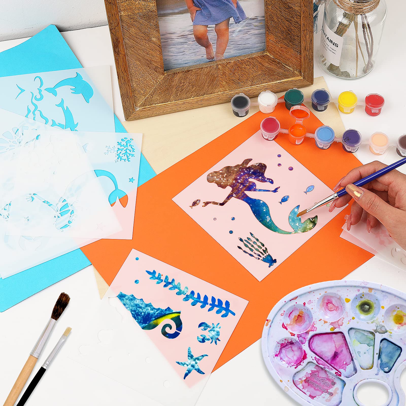 20-Piece Sea Creature Stencils Set - Mermaid, Seahorse, Jellyfish Templates for DIY Painting, Wood Crafts & Scrapbooking - Perfect for Home Decor, Kids Art Projects & Beach-Themed Parties