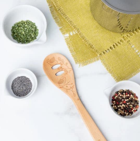 Laser Etched Beechwood Slotted Cooking Spoons - Handcrafted Wooden Utensils Set for Kitchen, Baking & Serving - Perfect for Cooking, Stirring & Food Presentation