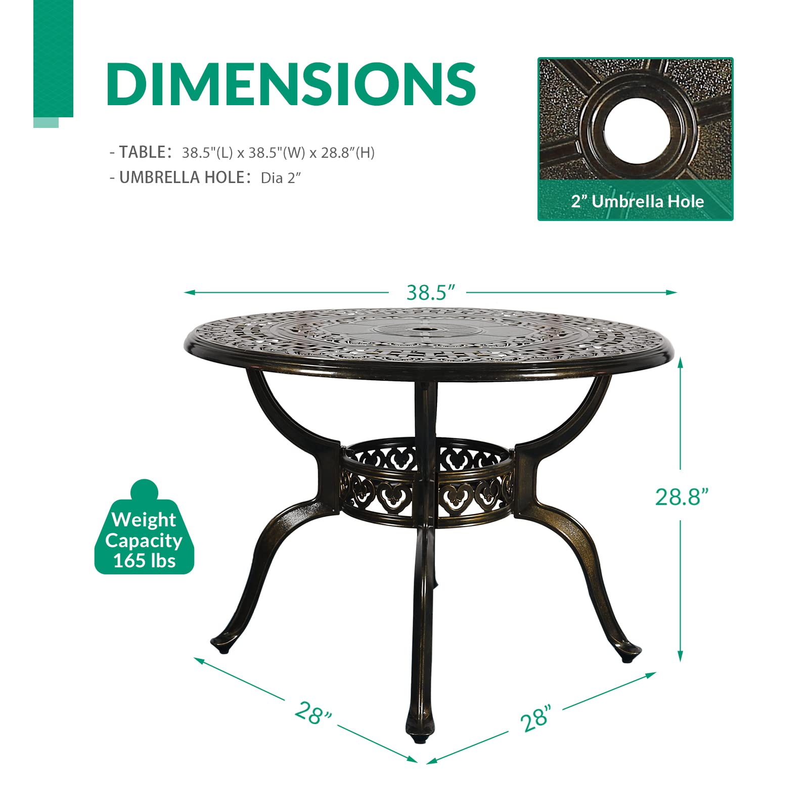 VIVIJASON 38.5 Inch Round Outdoor Patio Dining Table - Bronze Cast Aluminum Bistro Table with Umbrella Hole for Garden, Backyard, Poolside & Restaurant Use