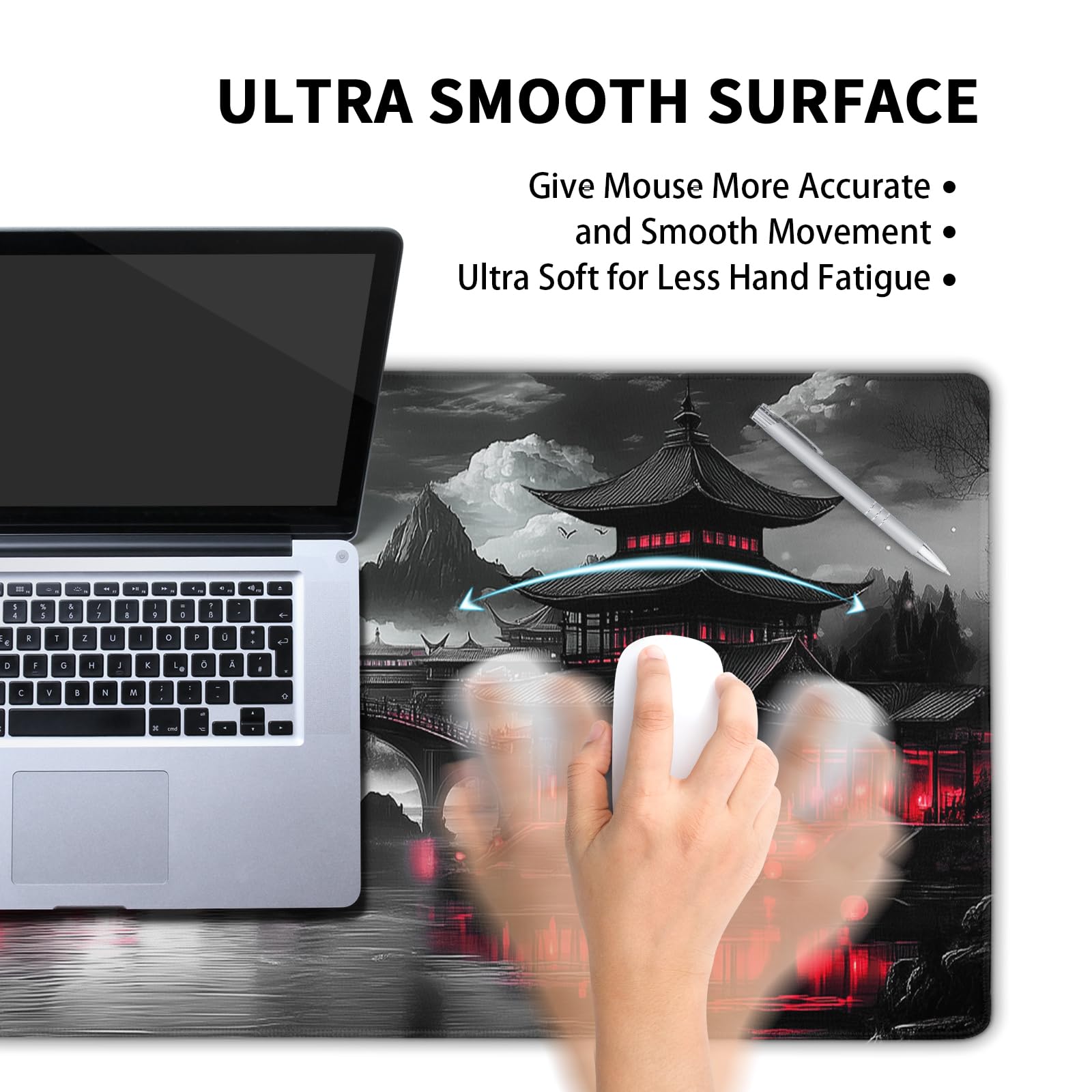 Premium Japanese Riverside Full Moon Extended Desk Mat - Extra Large 31.5×11.8 Inch Non-Slip Rubber Base Mouse Pad with Stitched Edges for Gaming, Office & Home Use - Black & Red Design for PC, Laptop & Keyboard Comfort