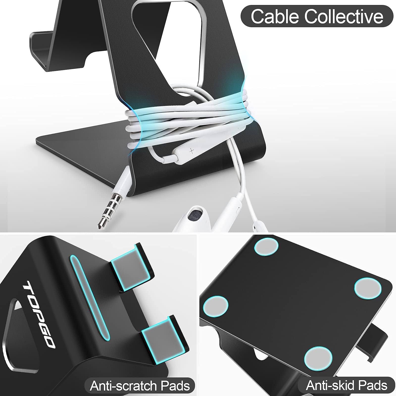 Premium Metal Phone Stand for Desk - Cable Organizer for iPhone 16/15 Pro Max & All Smartphones - Perfect for Office & Bedside Use