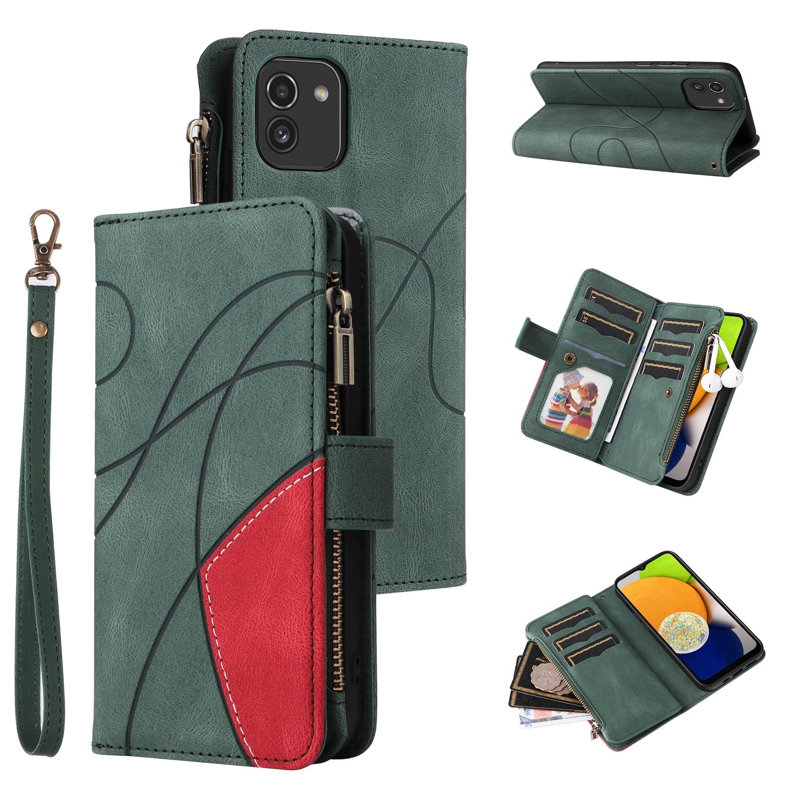 Samsung Galaxy A03 Wallet Phone Case - 9 Card Slots with Zipper Closure, Wrist Strap & Protective Flip Cover (Green) - Perfect for Daily Use, Travel & Hands-Free Convenience