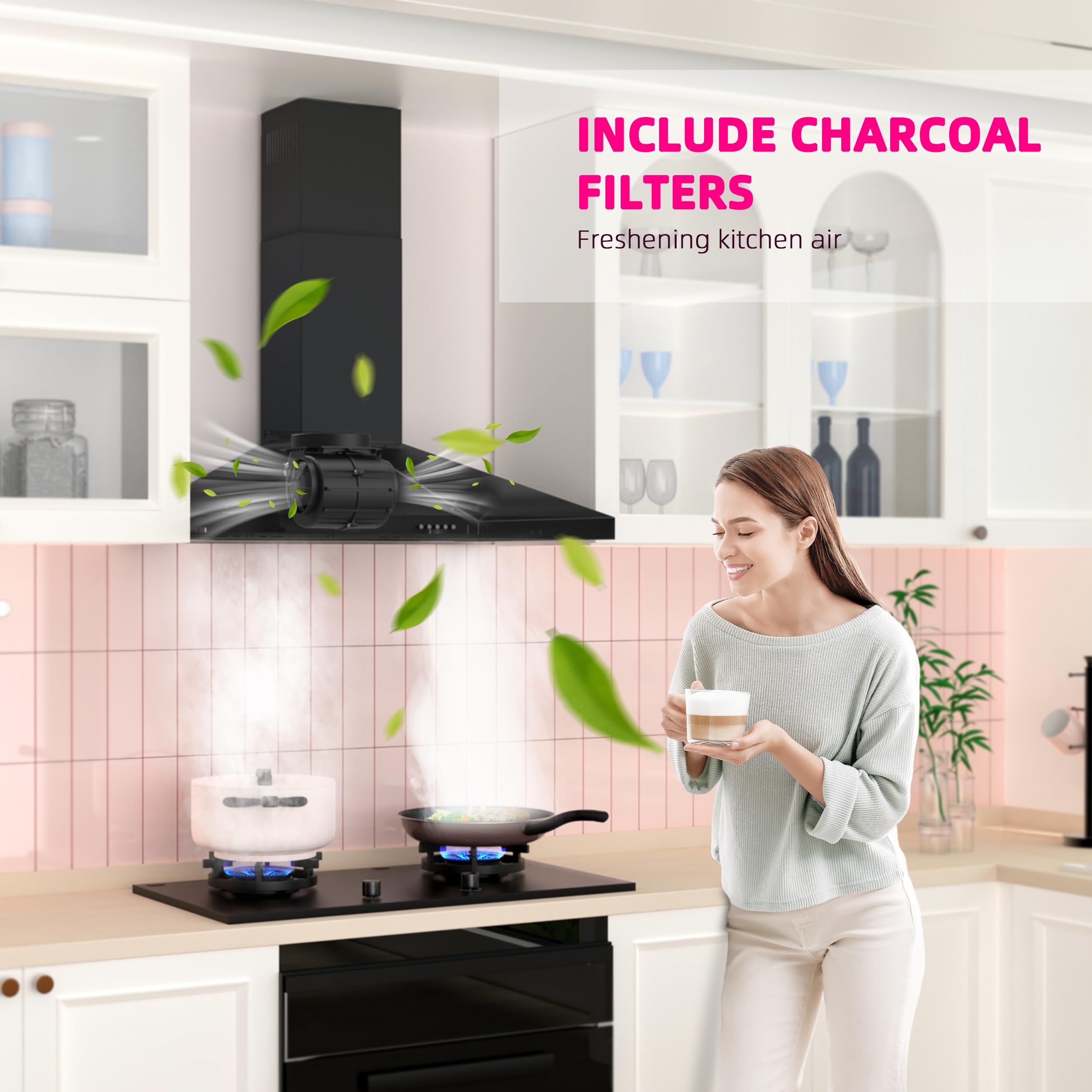 FIREGAS 30 Inch Black Stainless Steel Range Hood - 450 CFM Wall Mount Kitchen Vent with 3-Speed Exhaust Fan & LED Lights | Ducted/Ductless Convertible Design | Includes Charcoal Filters | Perfect for Modern Kitchens, Restaurants & Open-Concept Homes