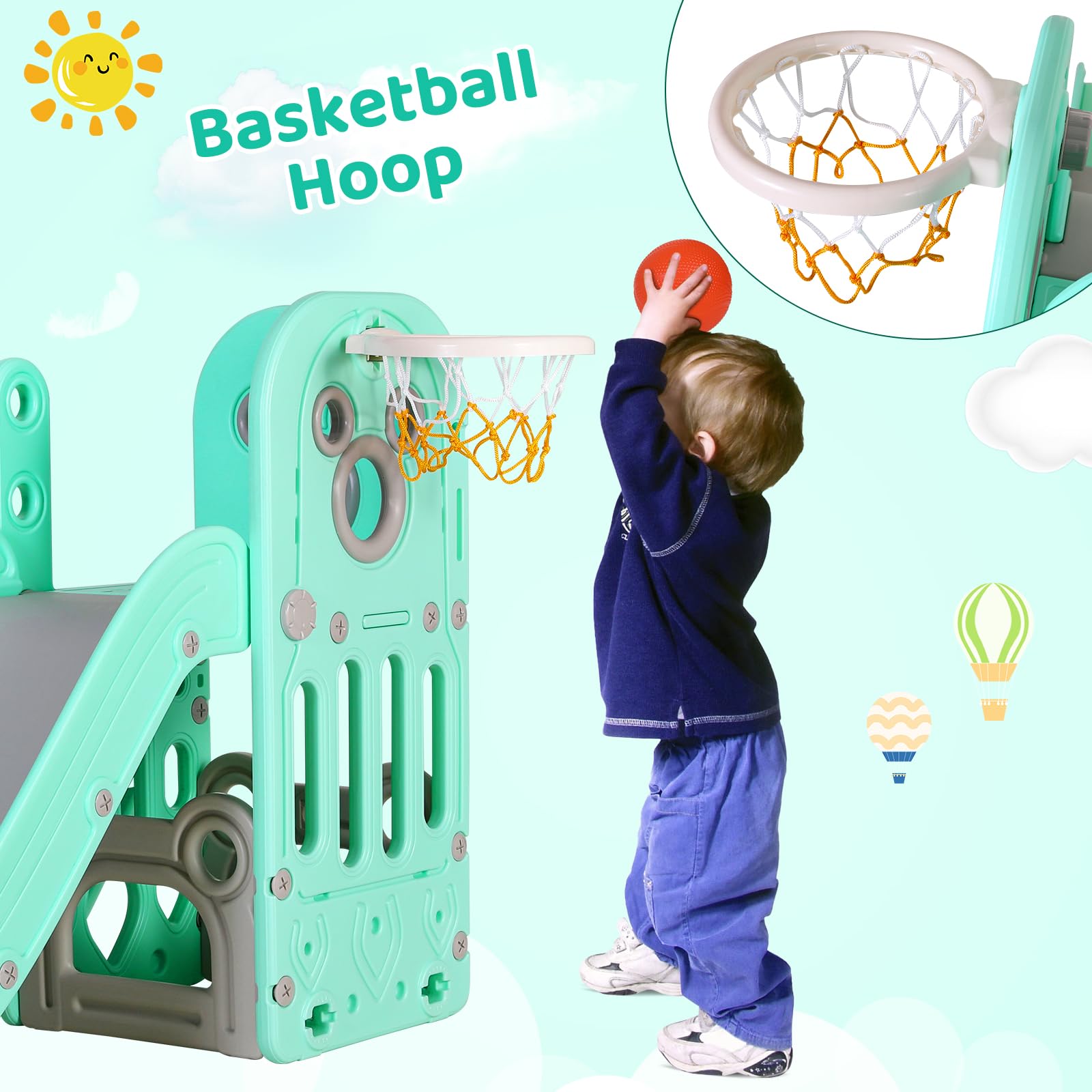 Arlopu 5-in-1 L-Shaped Kids Slide Climber Set with Basketball Hoop, Storage Space & Non-Slip Steps - Indoor/Outdoor Toddler Playset for Boys & Girls Ages 3+ (Light Green) | Perfect for Backyards, Playrooms & Birthday Gifts