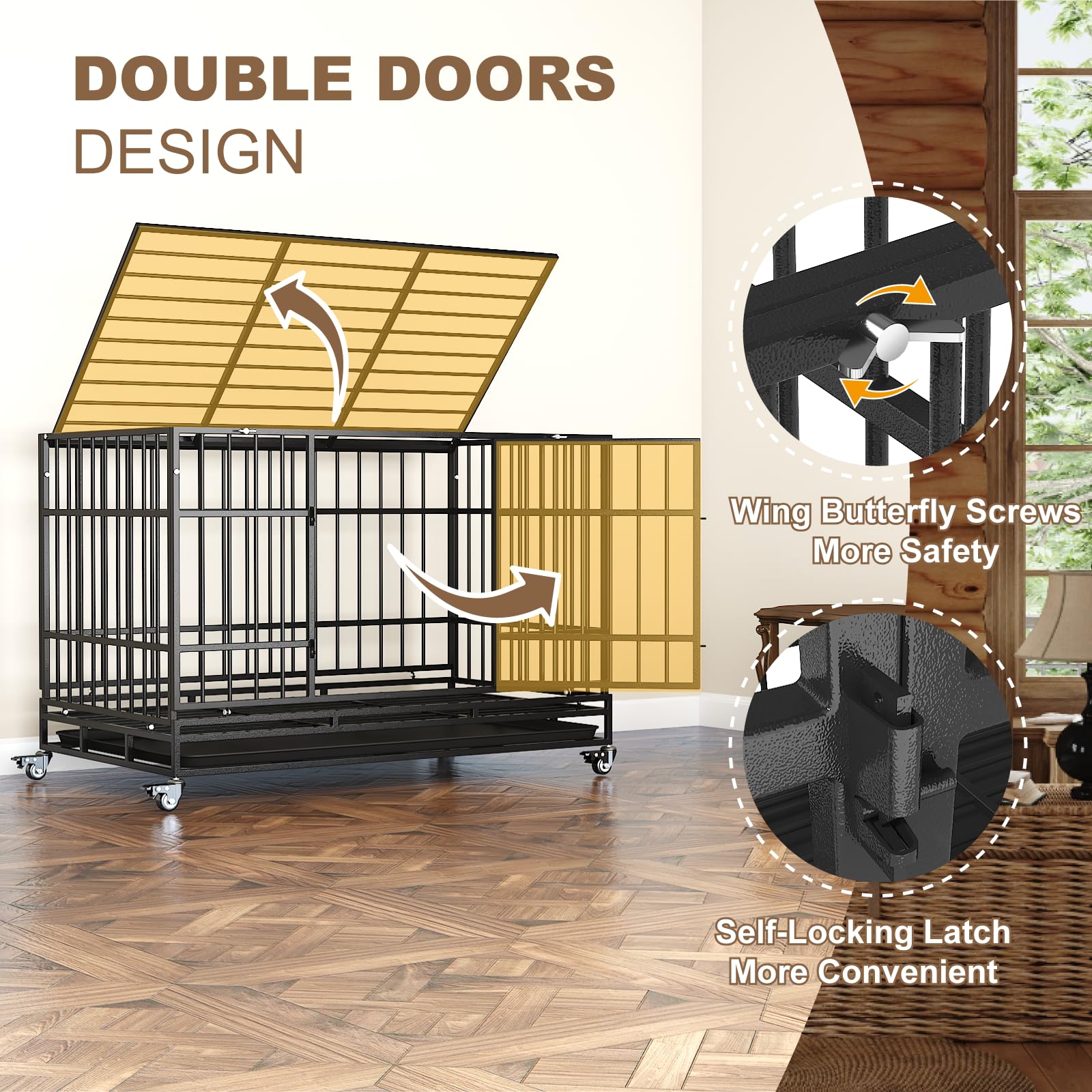 48 Inch Heavy Duty Dog Crate for Large Dogs - Escape Proof Steel Dog Cage with Self-Locking Latch & 4 Lockable Wheels - Indoor Dog Kennel for High Anxiety Pets - Easy to Clean Black Pet Crate - Perfect for Home, Travel, and Vet Visits