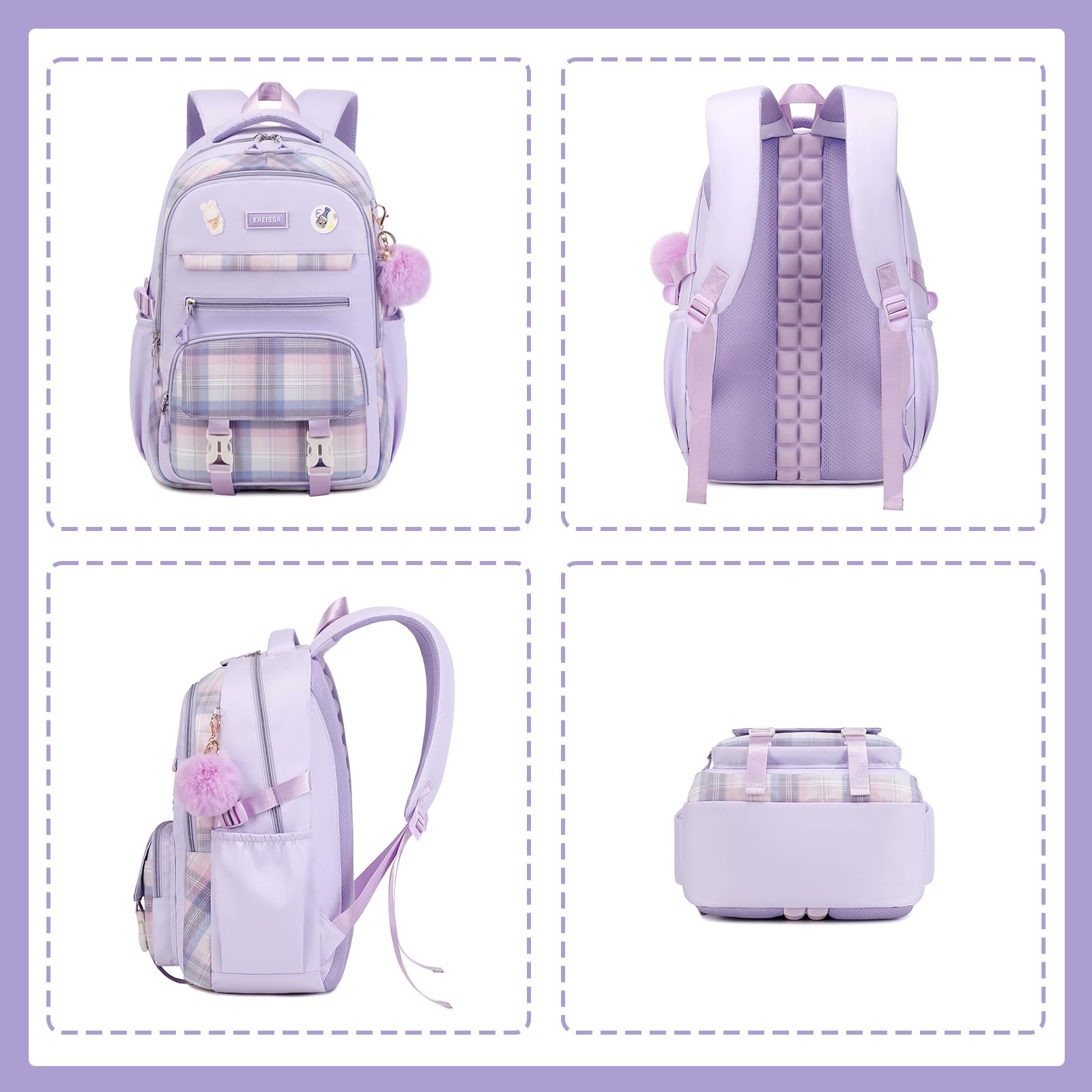 Cute Purple Girls Backpack for School - Kawaii Bookbag with Multiple Pockets for Elementary & Middle School Students (Ages 6-14) | Perfect for Daily Use, Travel & Outdoor Activities