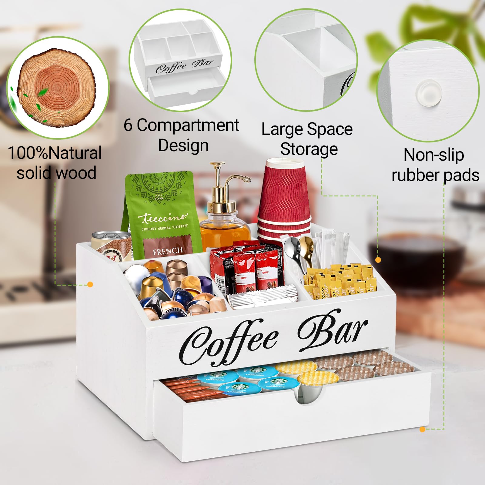 Wooden Coffee Bar Organizer with Drawer - Countertop Storage Basket for Coffee Pods, Tea & Condiments - Farmhouse Style Station Accessories | Perfect for Kitchen, Office & Home Decor