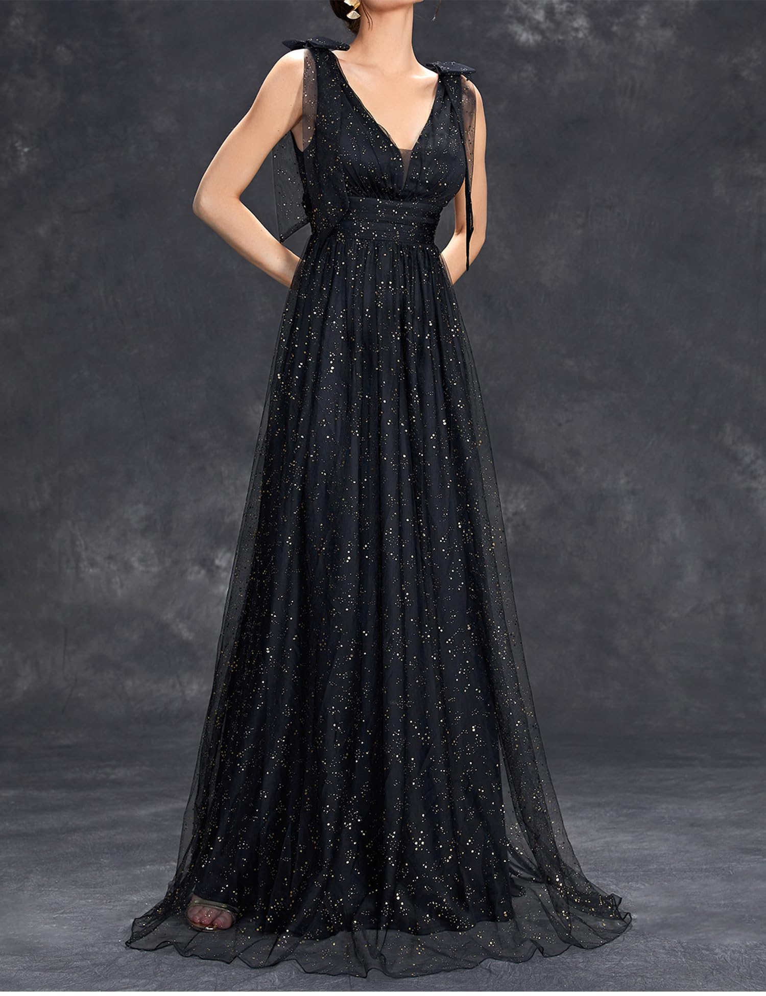 Sparkly Women's Knot-Bow Strap Formal Evening Gown - Elegant V-Neck Long Dress for Wedding Guest, Bridesmaid & Special Occasions | Perfect for Galas, Proms & Cocktail Parties