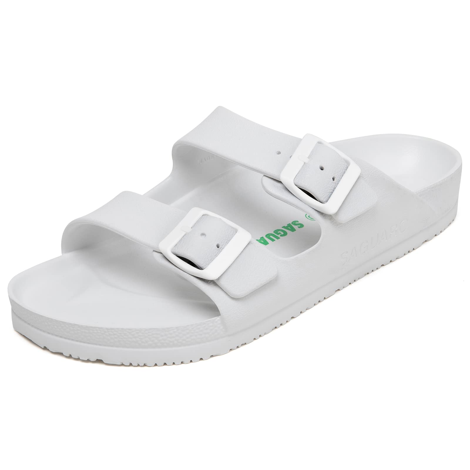 SAGUARO Adjustable Double Buckle Slides Sandals for Women & Men - Lightweight Comfortable EVA Flat Sole Shoes - Durable Rubble Design in White - Perfect for Beach, Pool, and Casual Outings