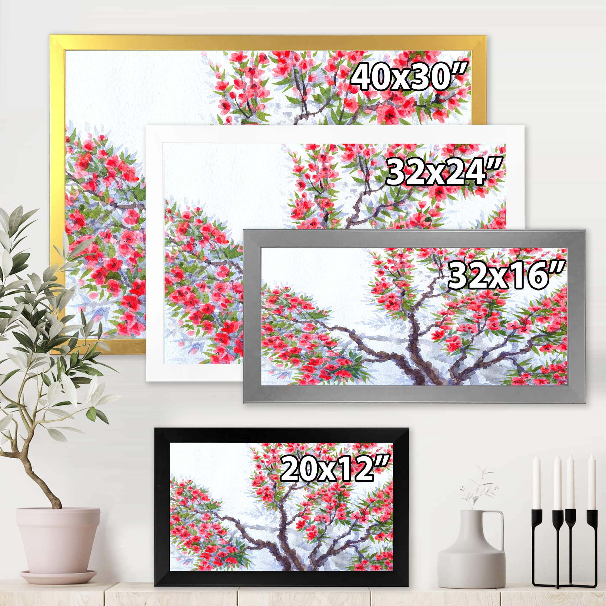 DesignQ Red Flowers of Spring Tree Traditional Framed Wall Art - Hand Painted Canvas Painting for Living Room, Bedroom & Office Decor