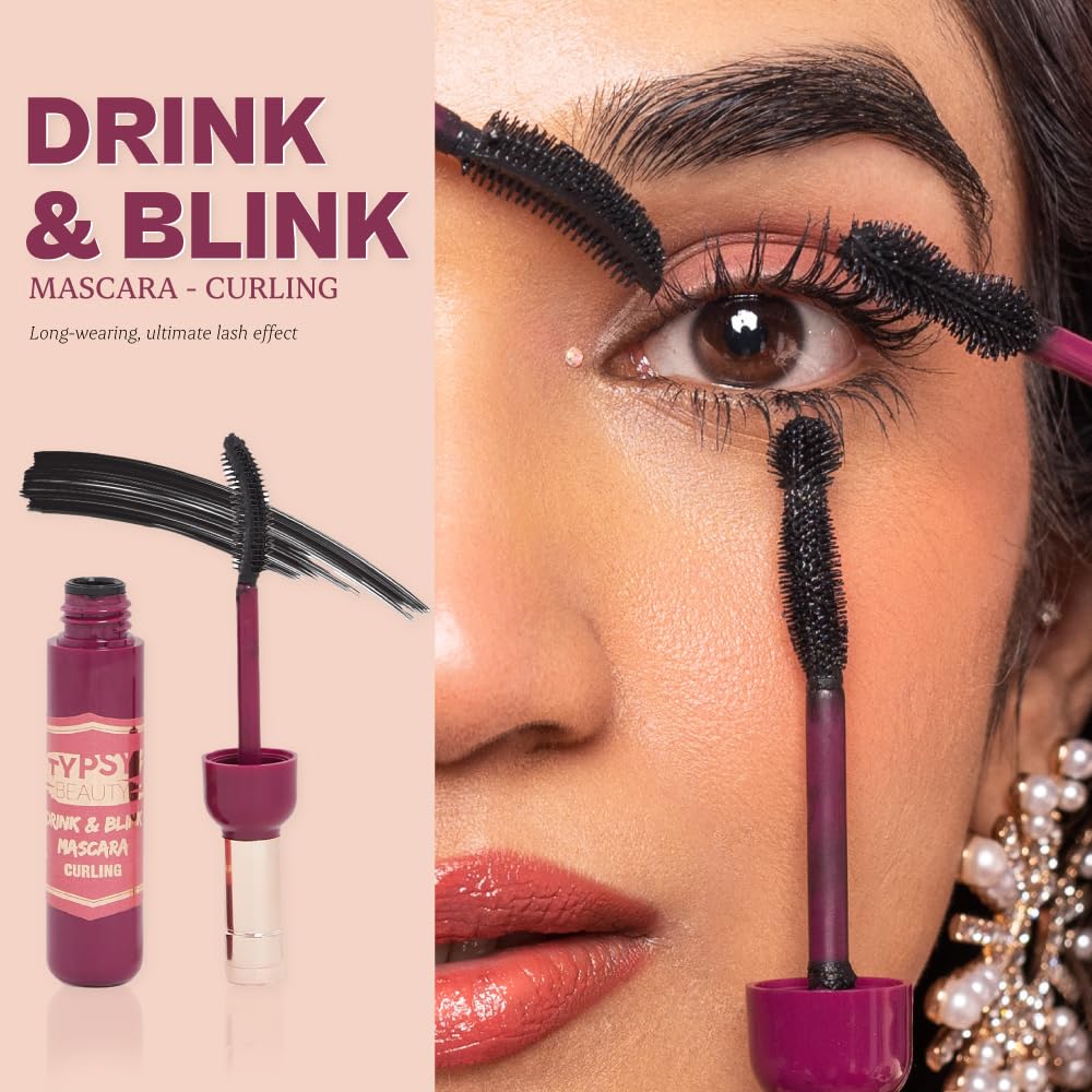 Typsy Beauty Drink & Blink Curling Mascara - Intense Black, Extreme Curling with Flexible Silicone Wand for Clump-Free Volume & False Lash Effect | Longwear, Paraben & SLS Free (9g) | Perfect for Day to Night Makeup, Parties & Special Occasions