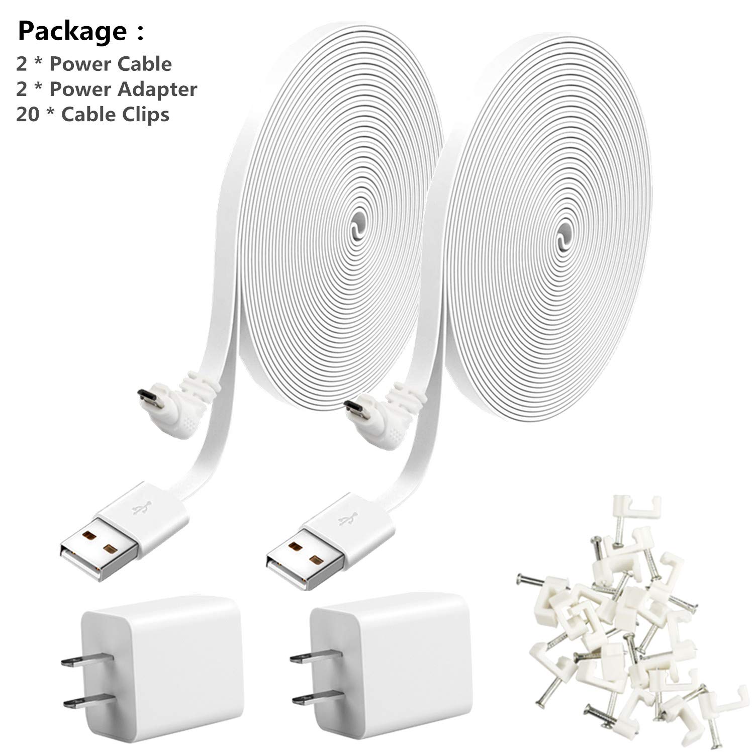 2-Pack 20ft Weatherproof Charging Cable & Power Adapter for Arlo Pro/Pro 2/Arlo Go Cameras - Indoor/Outdoor Use for Home Security, Baby Monitoring & Pet Surveillance - Never Worry About Low Battery Again