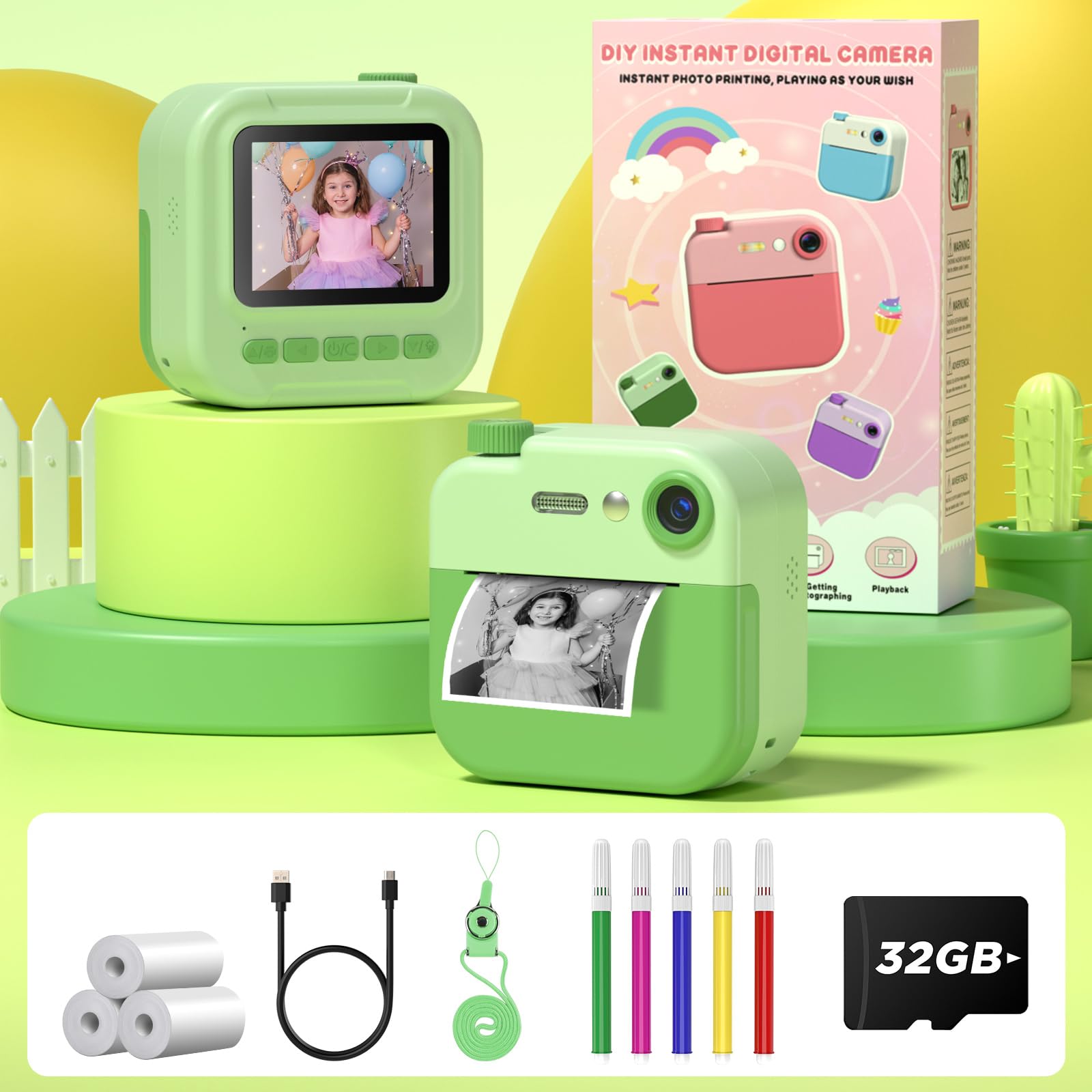 GREENKINDER 1080P HD 2.4 Inch Kids Instant Digital Camera with 32GB Memory Card, Print & Draw Kit - Best Birthday Gift for Boys & Girls Ages 3-12 - Perfect for Parties, Travel & Creative Learning