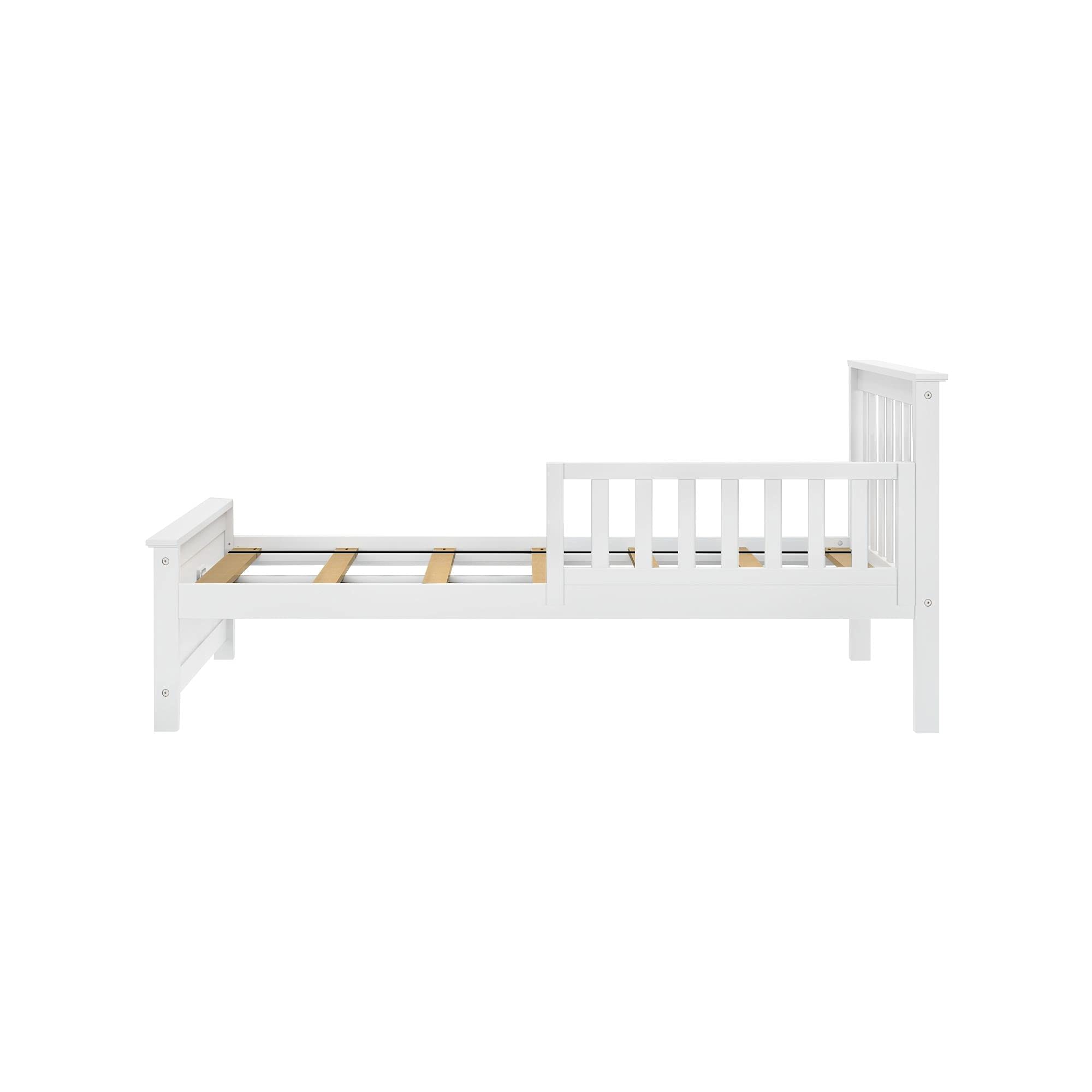 Max & Lily Twin Bed Frame with Headboard - White Wooden Slatted Design with Safety Guard Rail for Kids | Perfect for Bedrooms, Playrooms & Sleepovers